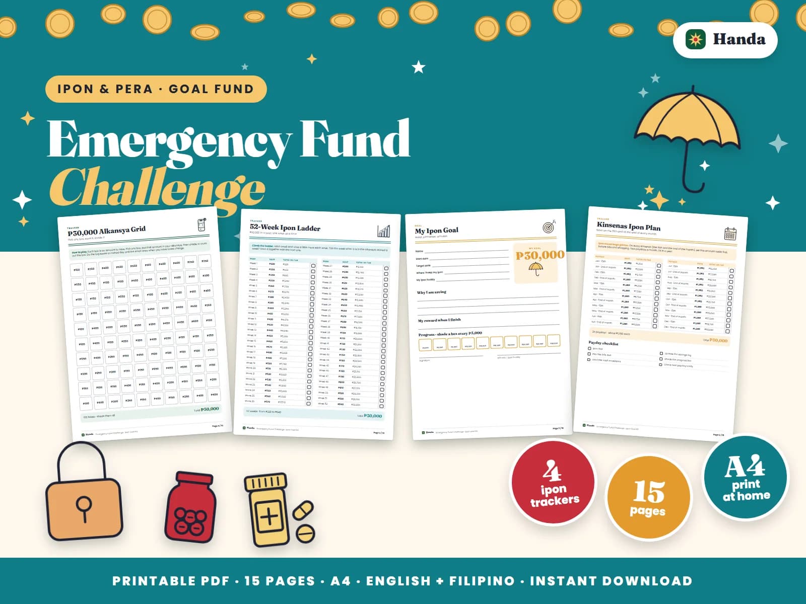 Cover of Emergency Fund Challenge, a printable ipon challenge kit showing four of its pages