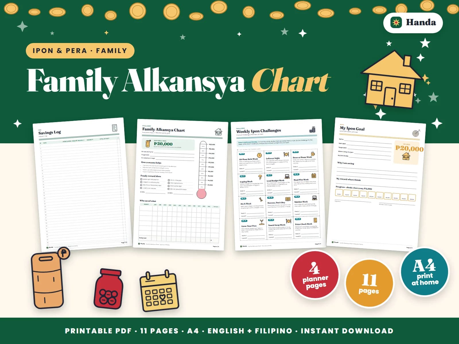Cover of Family Alkansya Chart, a printable group ipon challenge showing four of its pages