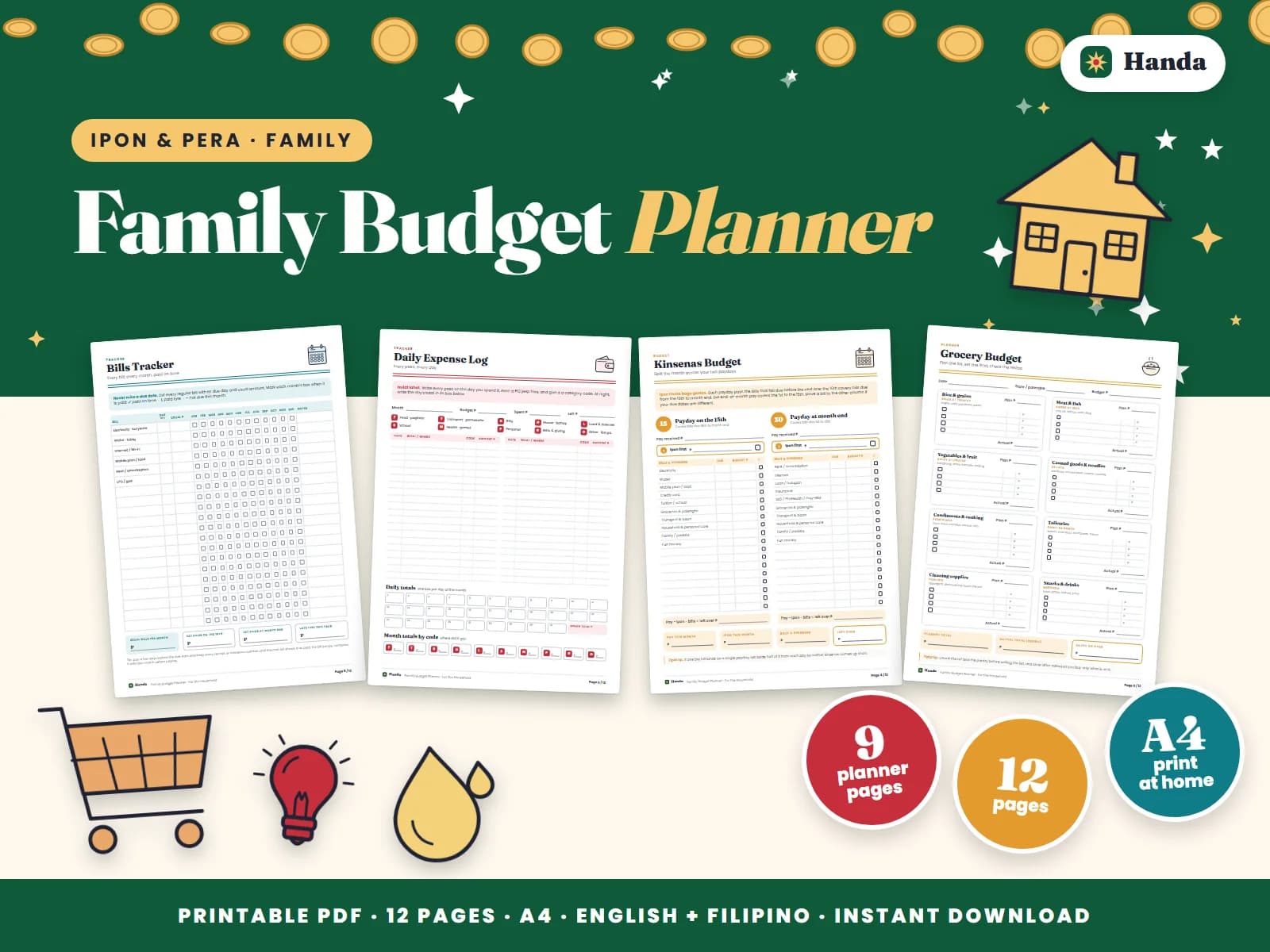 Cover of Family Budget Planner, a printable budget planner showing four of its pages