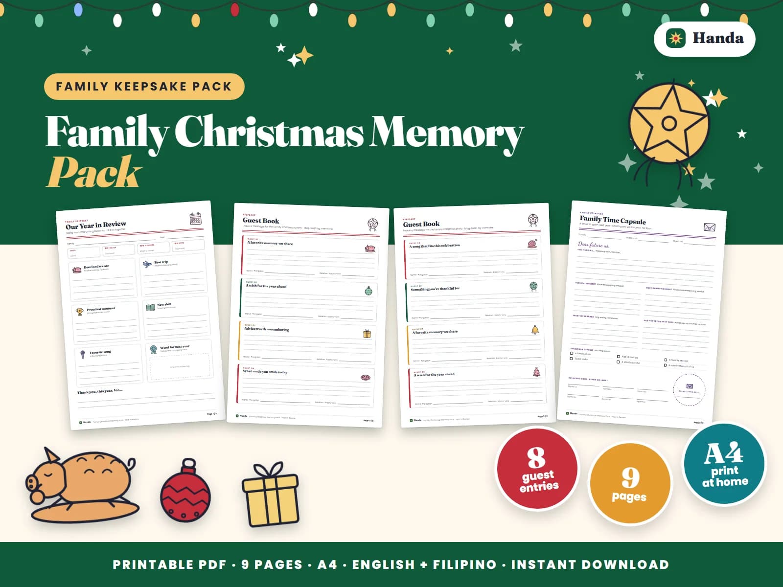 Cover of Family Christmas Memory Pack, a printable family memory pack showing four of its pages