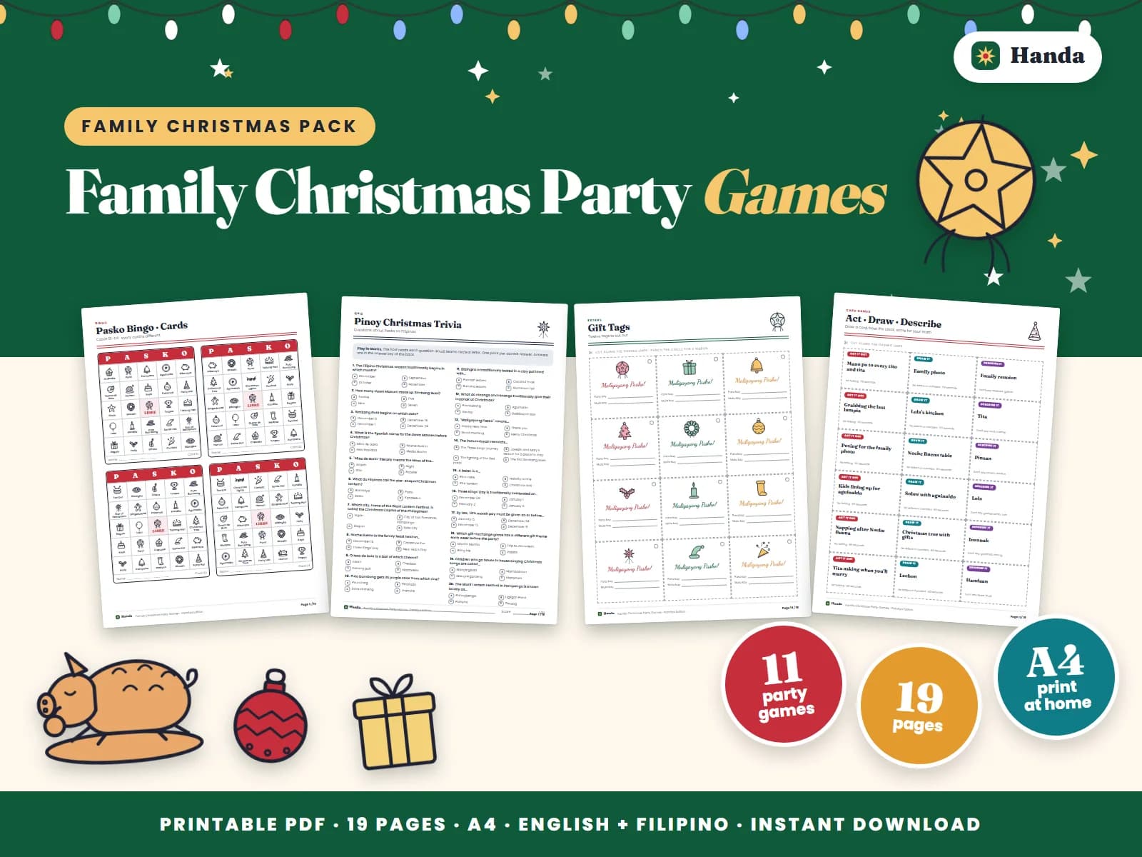 Cover of Family Christmas Party Games, a printable party games pack showing four of its pages