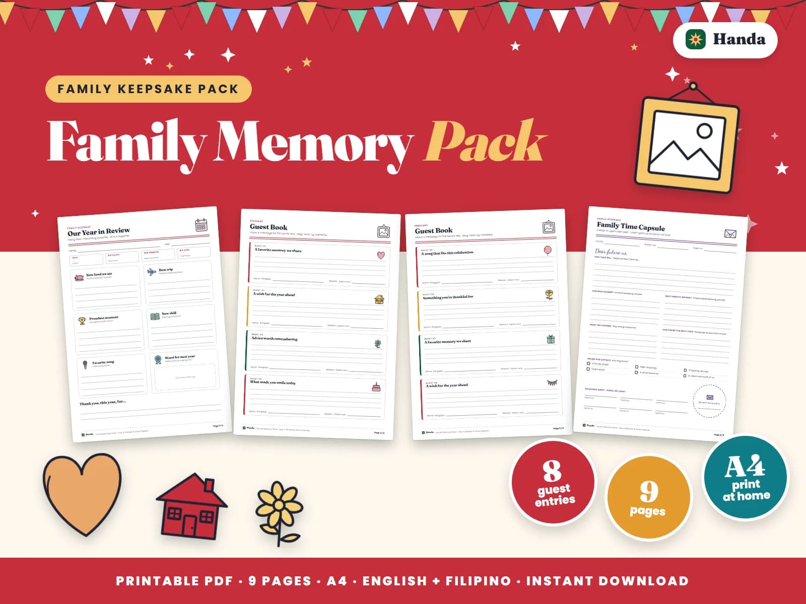 Cover of Family Memory Pack, a printable family memory pack showing four of its pages
