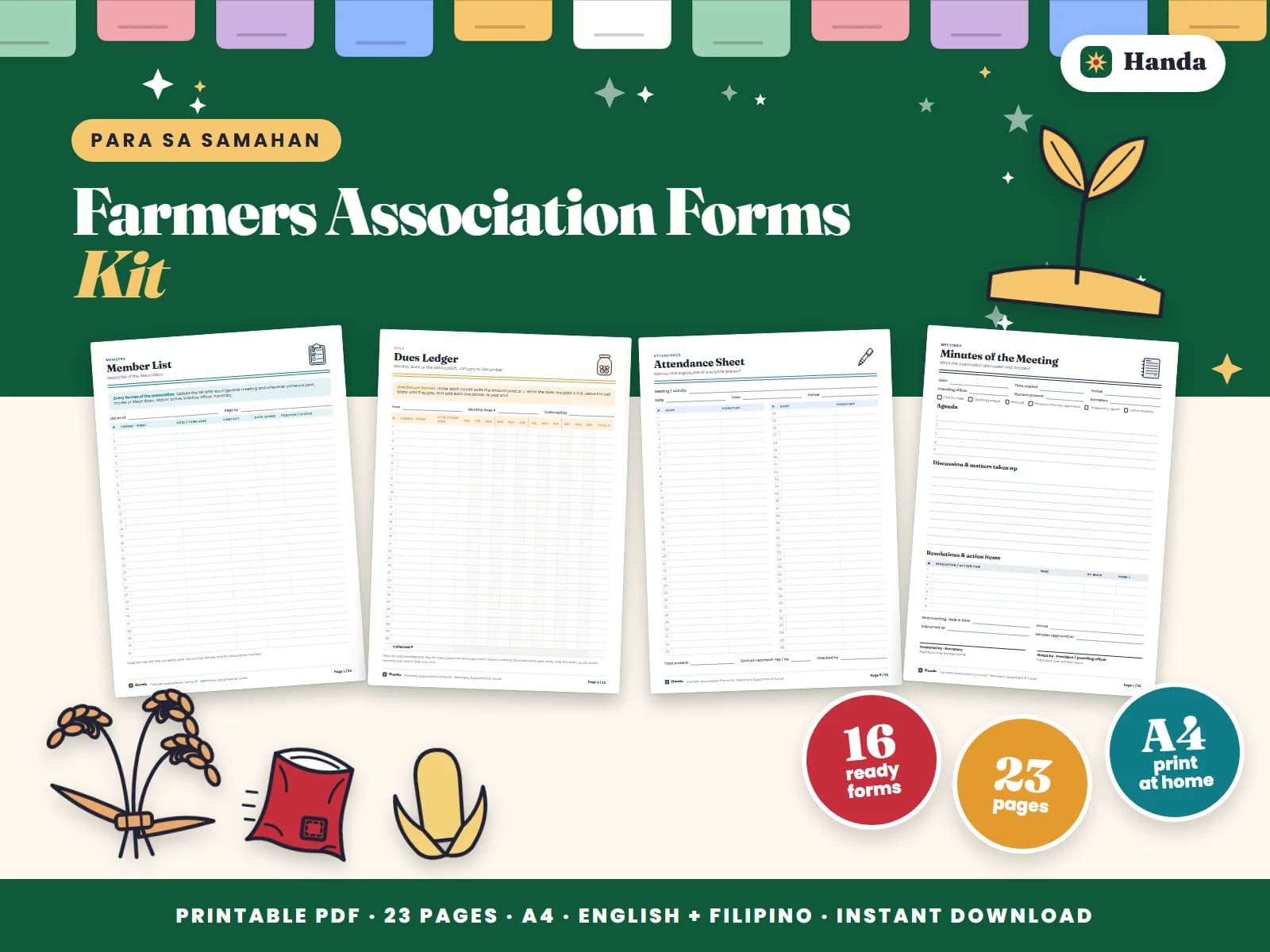 Cover of Farmers Association Forms Kit, a printable association forms kit showing four of its pages