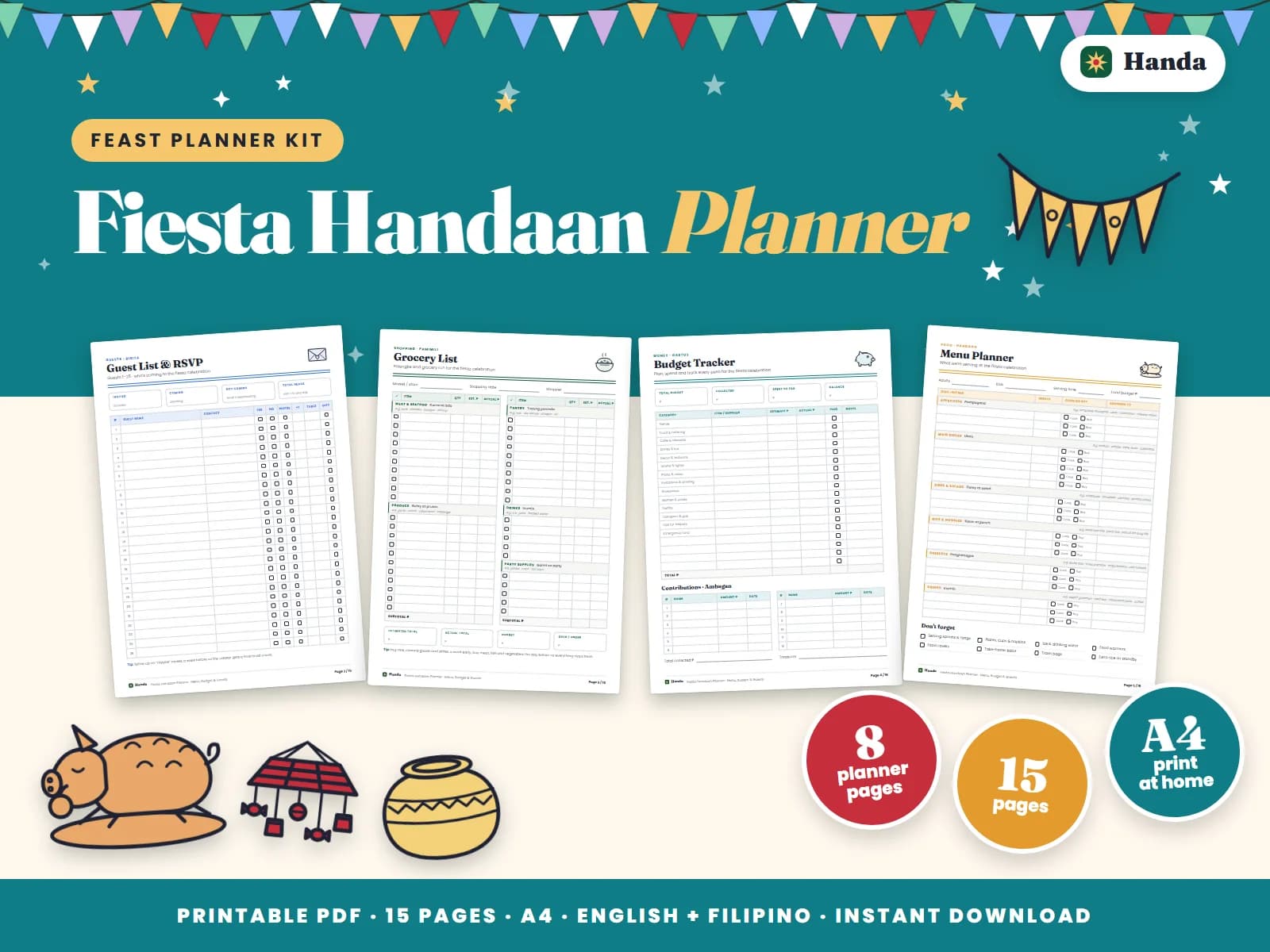 Cover of Fiesta Handaan Planner, a printable feast planner showing four of its pages