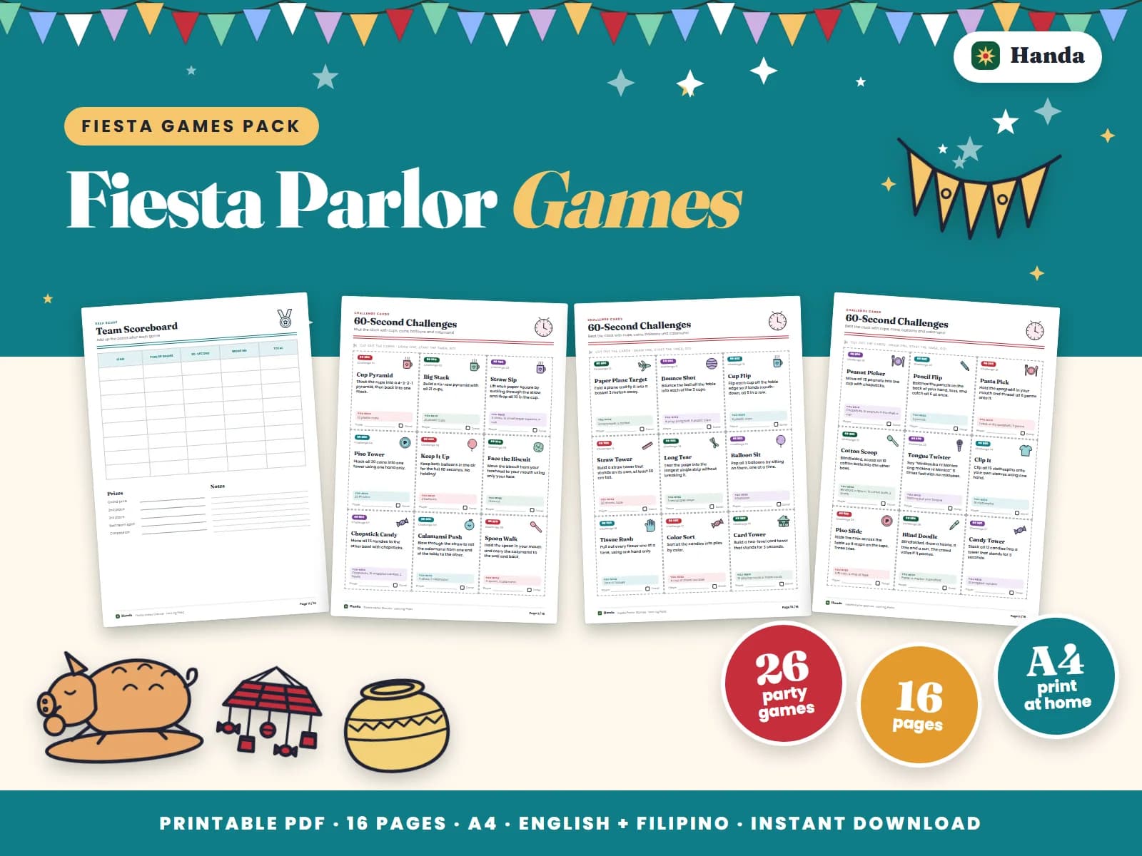 Cover of Fiesta Parlor Games, a printable parlor games pack showing four of its pages