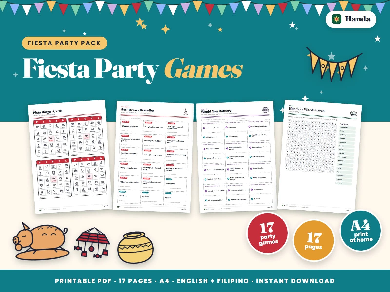 Cover of Fiesta Party Games, a printable party games pack showing four of its pages