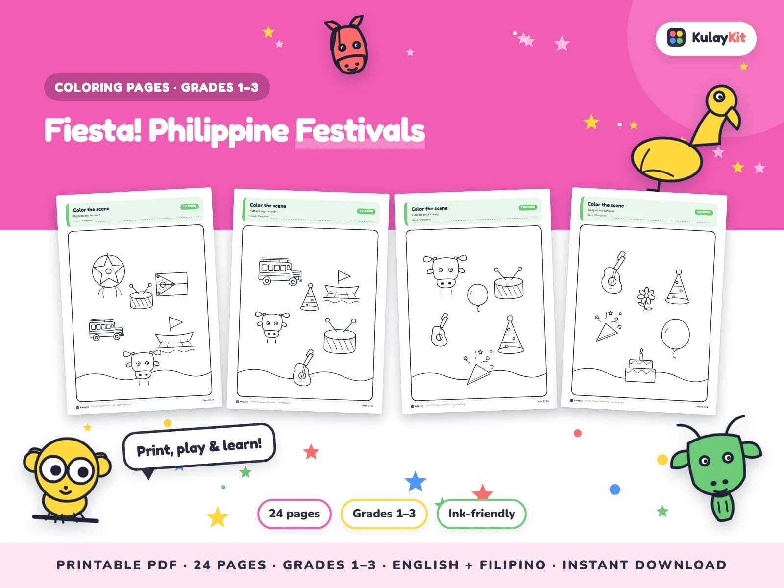 Cover of Fiesta! Philippine Festivals, a printable pack for kids in Grades 1 to 3, showing four of its pages