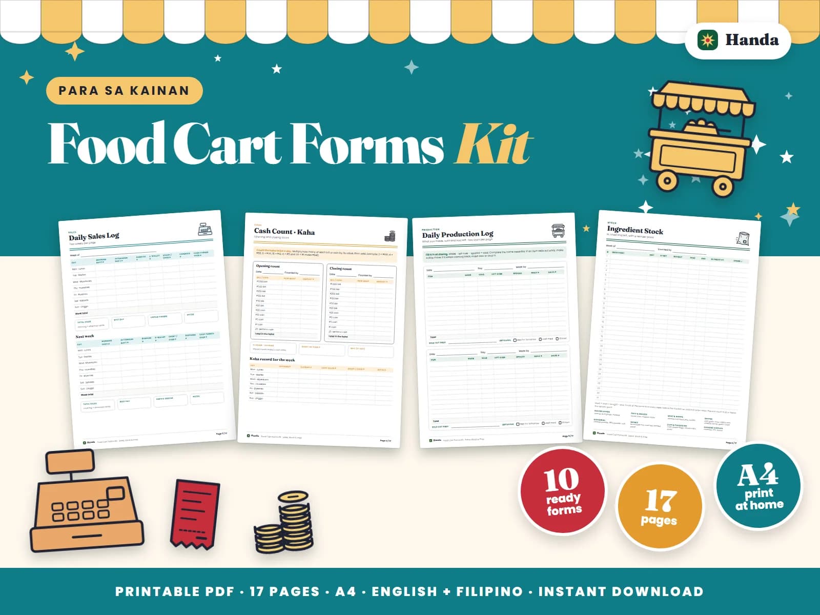 Cover of Food Cart Forms Kit, a printable food business forms kit showing four of its pages