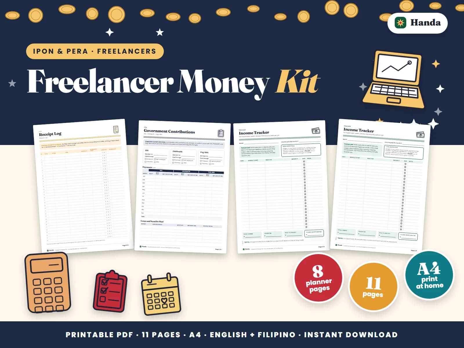 Cover of Freelancer Money Kit, a printable money tracker showing four of its pages