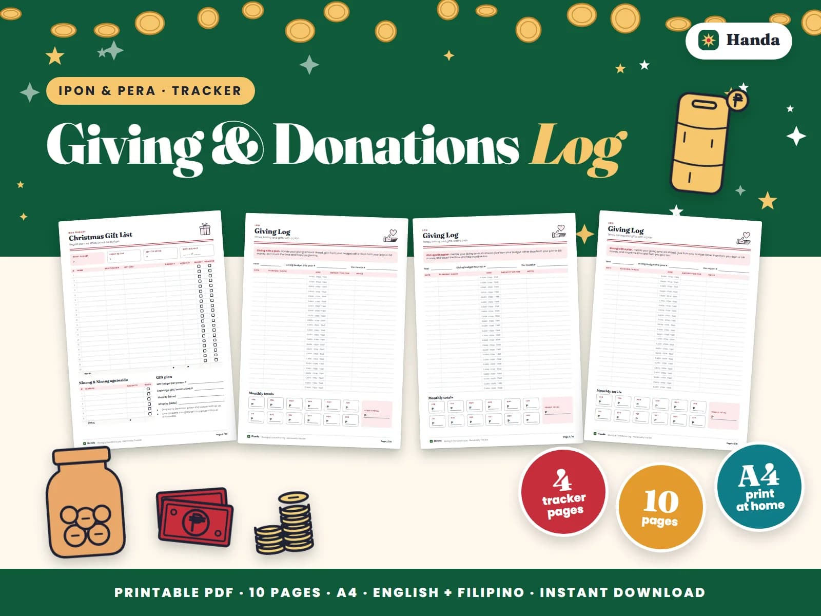 Cover of Giving & Donations Log, a printable money tracker showing four of its pages