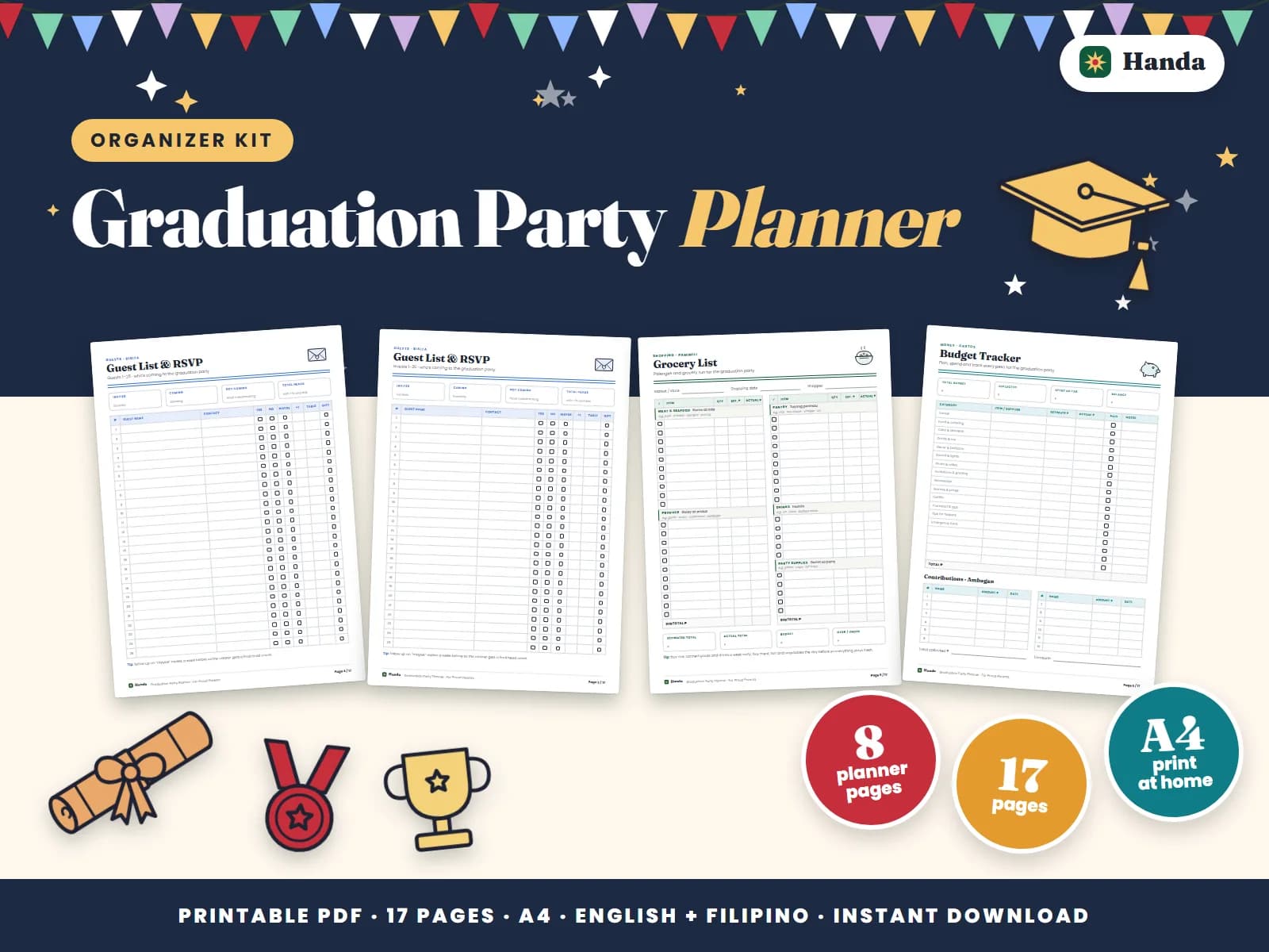 Cover of Graduation Party Planner, a printable party planner kit showing four of its pages