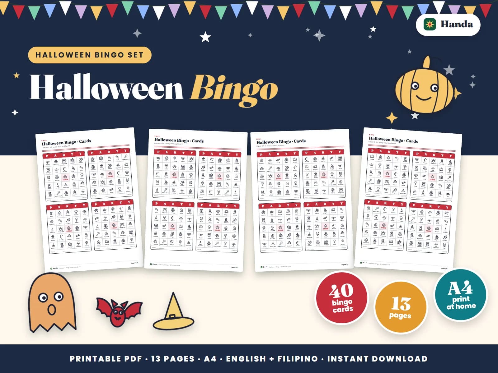 Cover of Halloween Bingo, a printable bingo set showing four of its pages