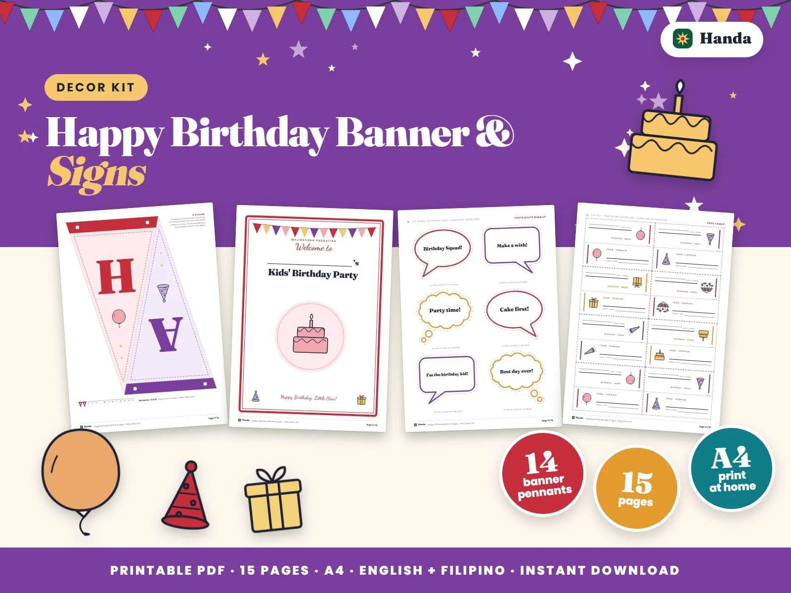Cover of Happy Birthday Banner & Signs, a printable decor kit showing four of its pages