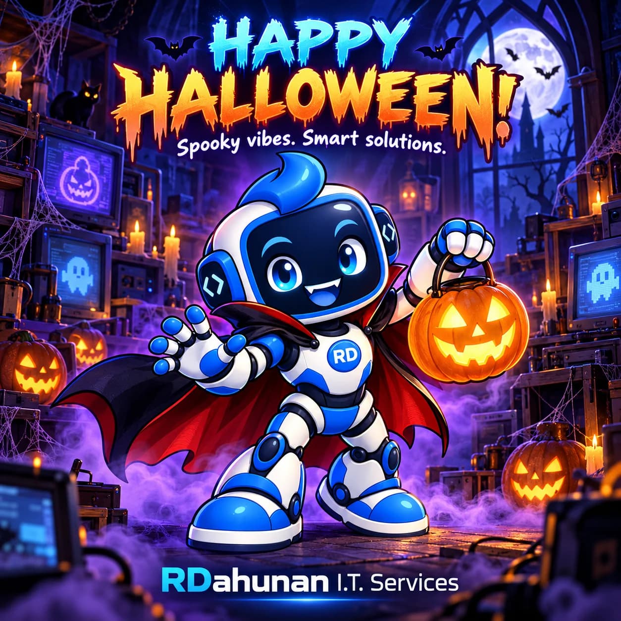 RDee, the blue-and-white RDahunan robot mascot, wears a vampire cape and holds a glowing pumpkin lantern in a foggy haunted technology workshop. Bats and a full moon frame the words Happy Halloween! Spooky vibes. Smart solutions. RDahunan I