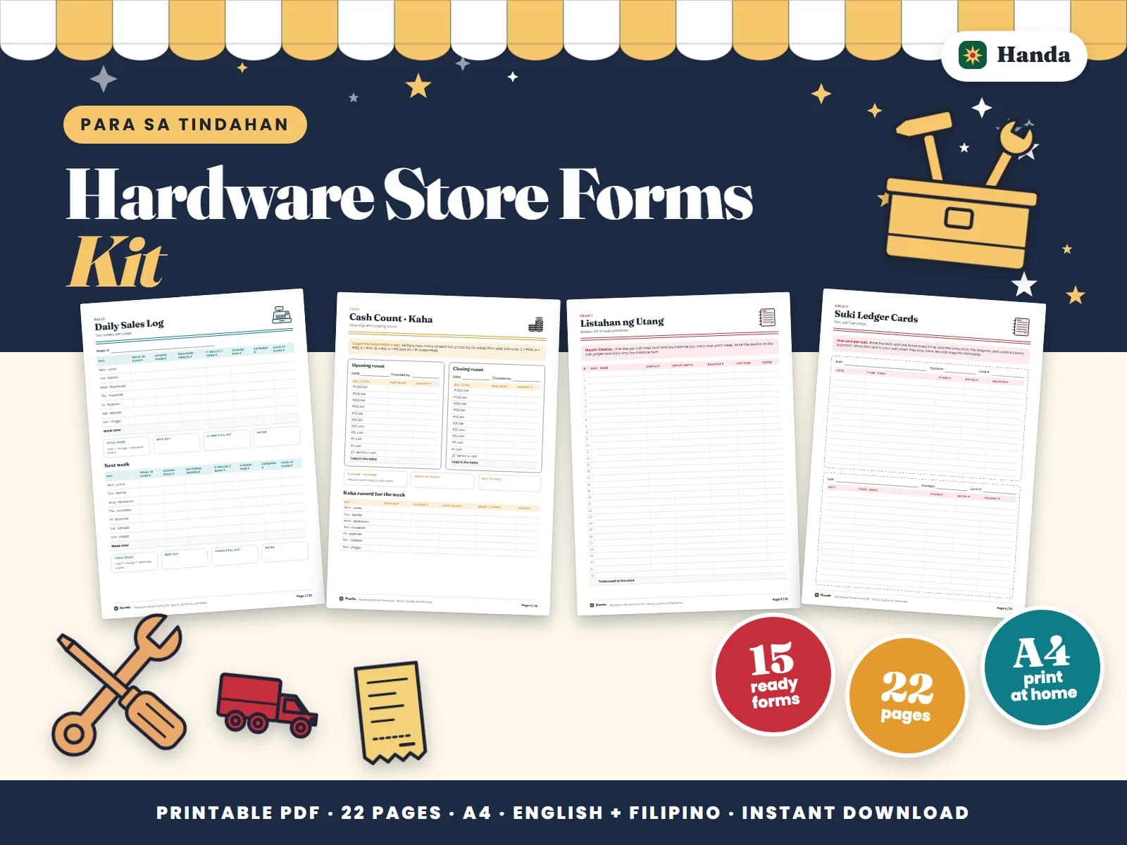 Cover of Hardware Store Forms Kit, a printable store forms kit showing four of its pages