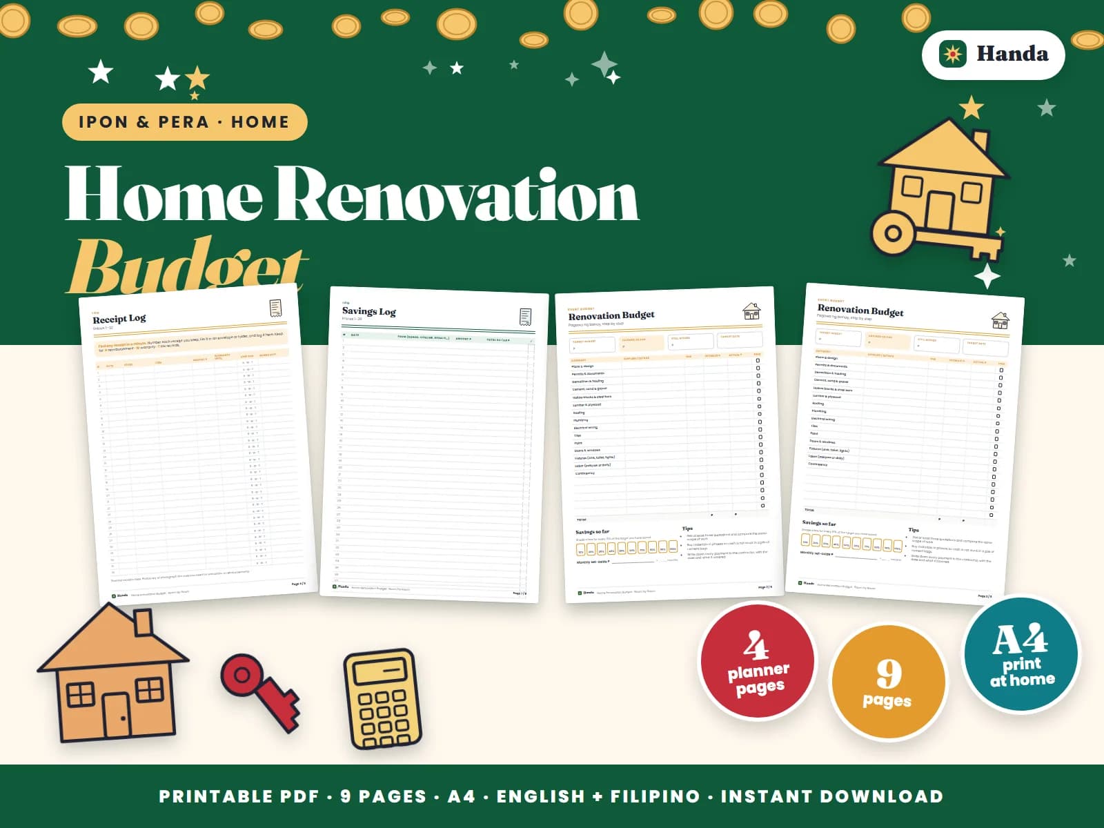 Cover of Home Renovation Budget, a printable budget planner showing four of its pages