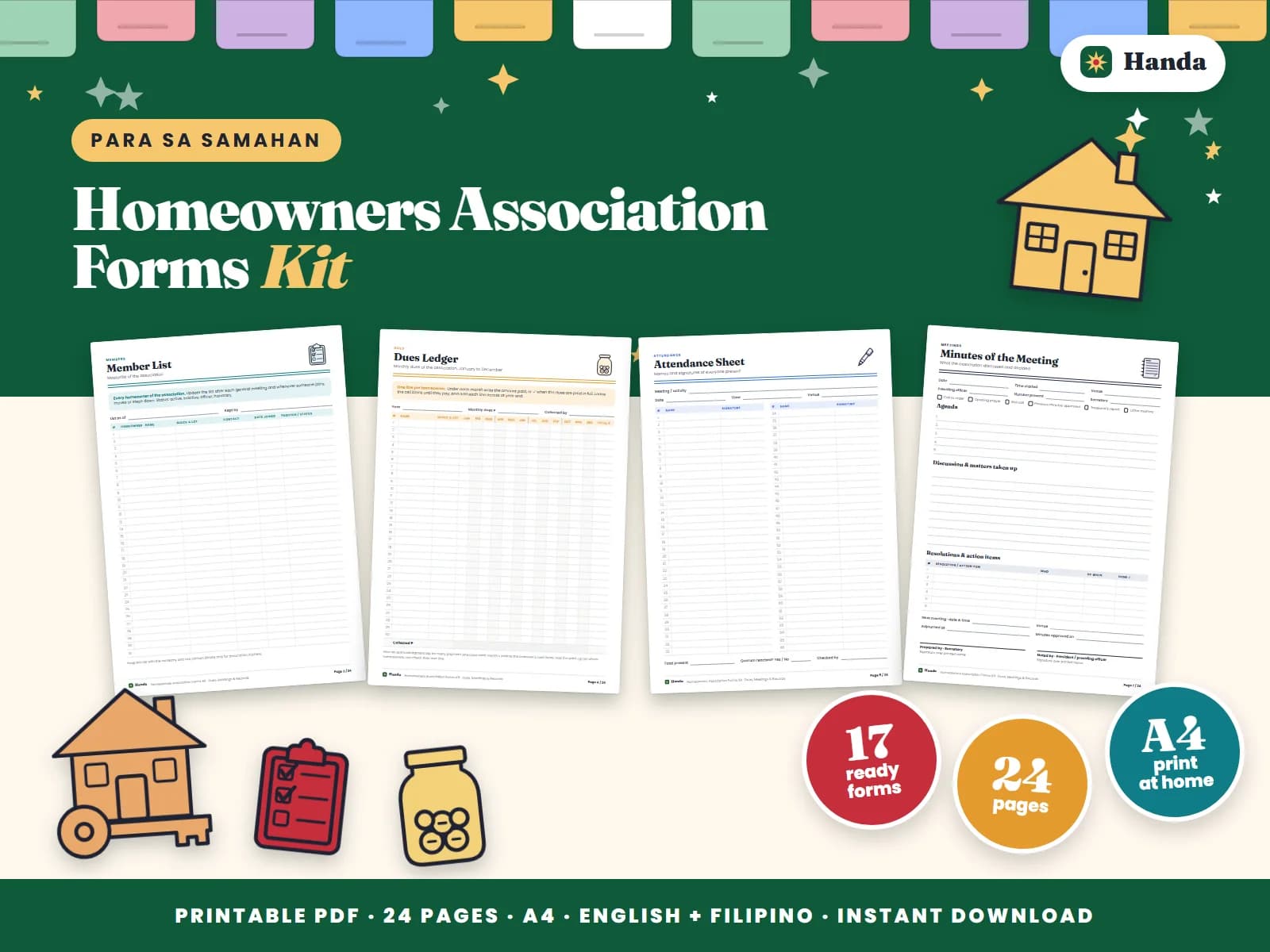 Cover of Homeowners Association Forms Kit, a printable association forms kit showing four of its pages