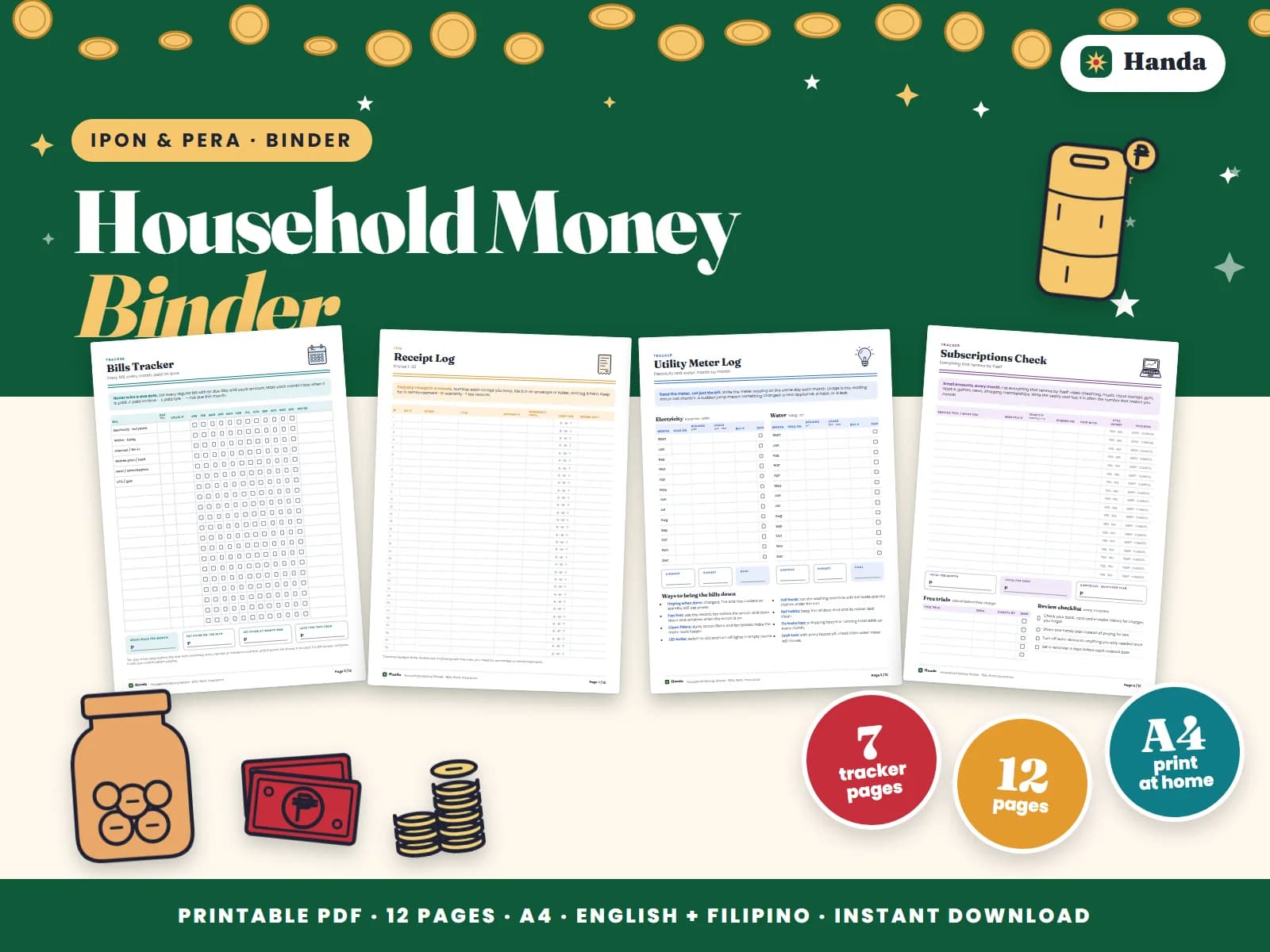 Cover of Household Money Binder, a printable money tracker showing four of its pages