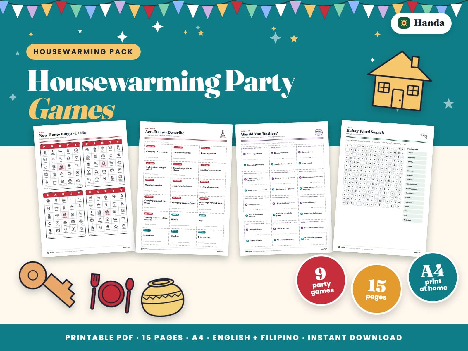 Cover of Housewarming Party Games, a printable party games pack showing four of its pages