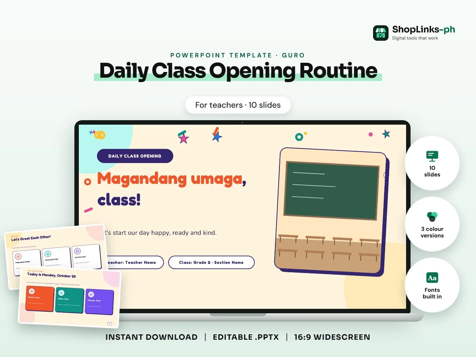 Cover of the Daily Class Opening Routine PowerPoint template on a laptop