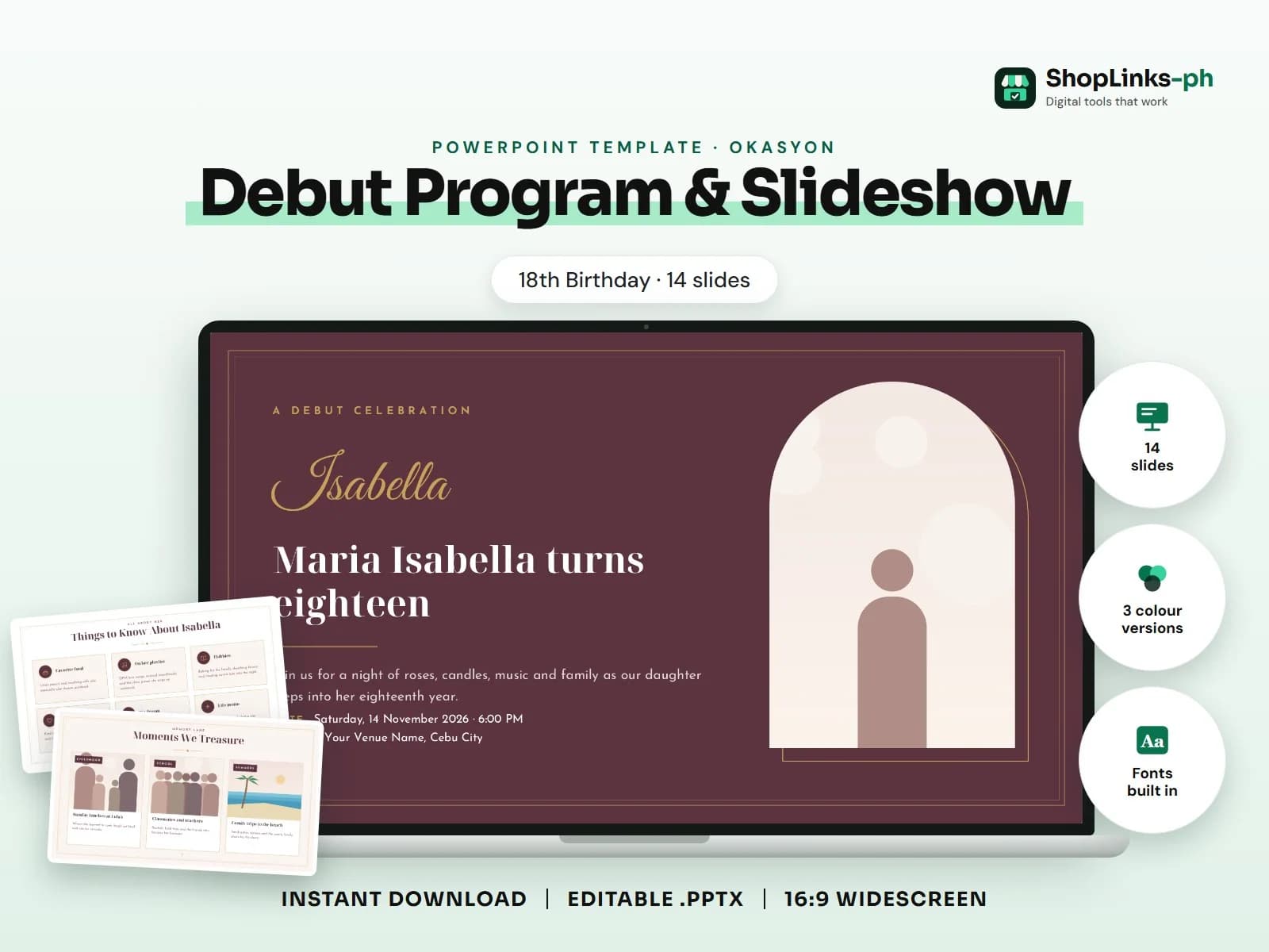 Cover of the Debut Program & Slideshow (18th Birthday) PowerPoint template on a laptop