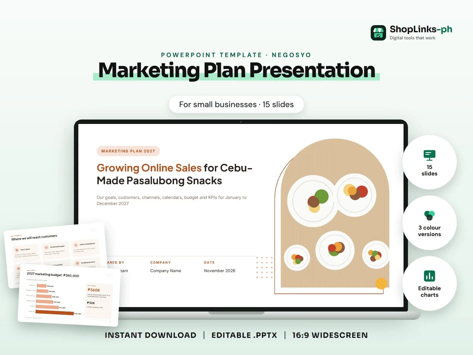 Cover of the Marketing Plan Presentation PowerPoint template on a laptop