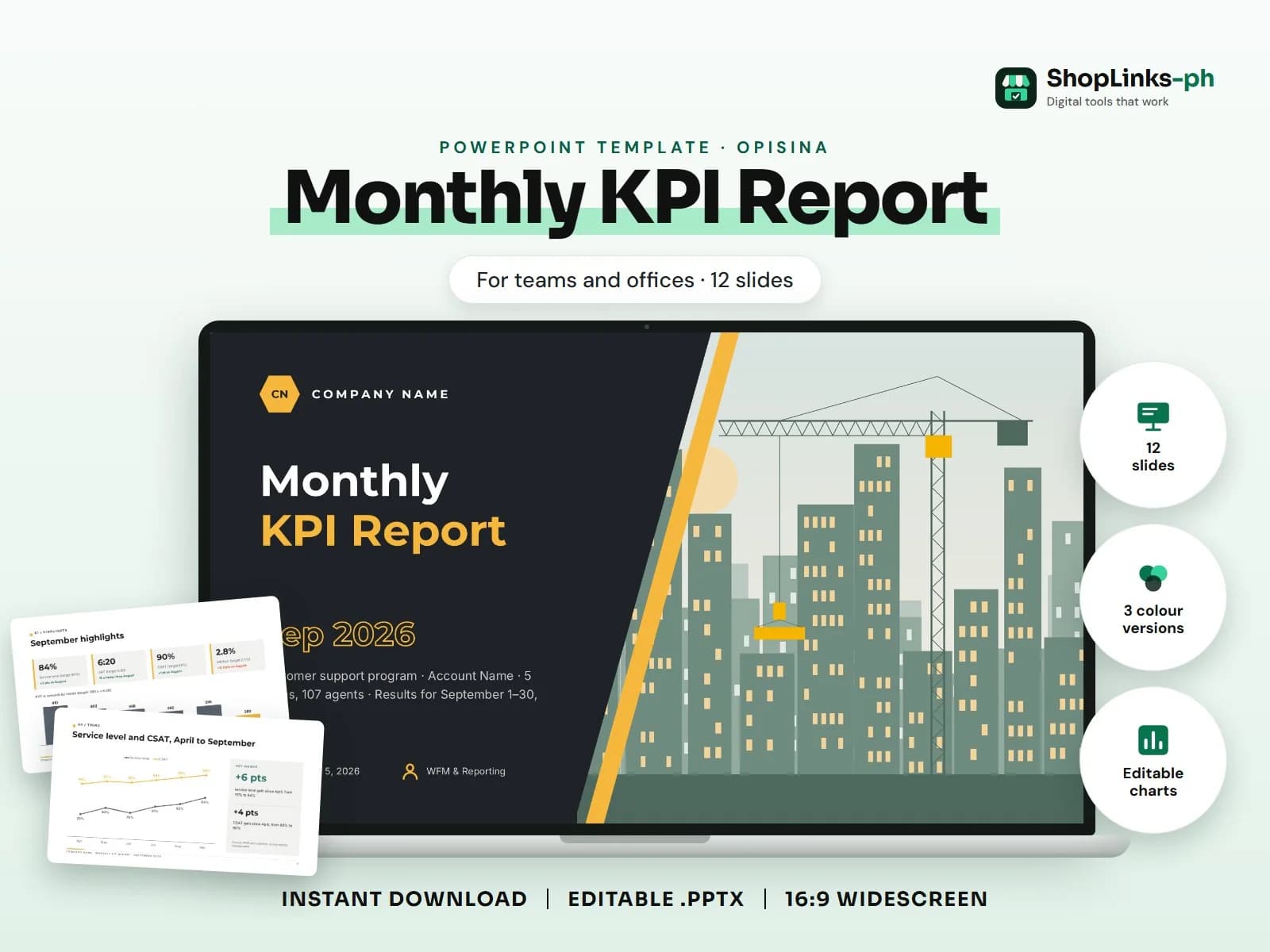 Cover of the Monthly KPI Report PowerPoint template on a laptop