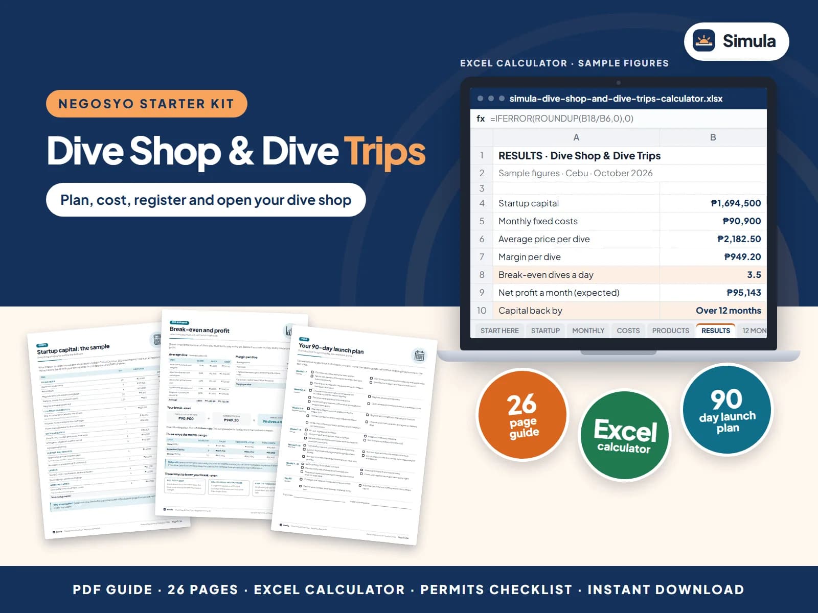 Cover of the Dive Shop & Dive Trips Negosyo Starter Kit: guide pages and the calculator's results