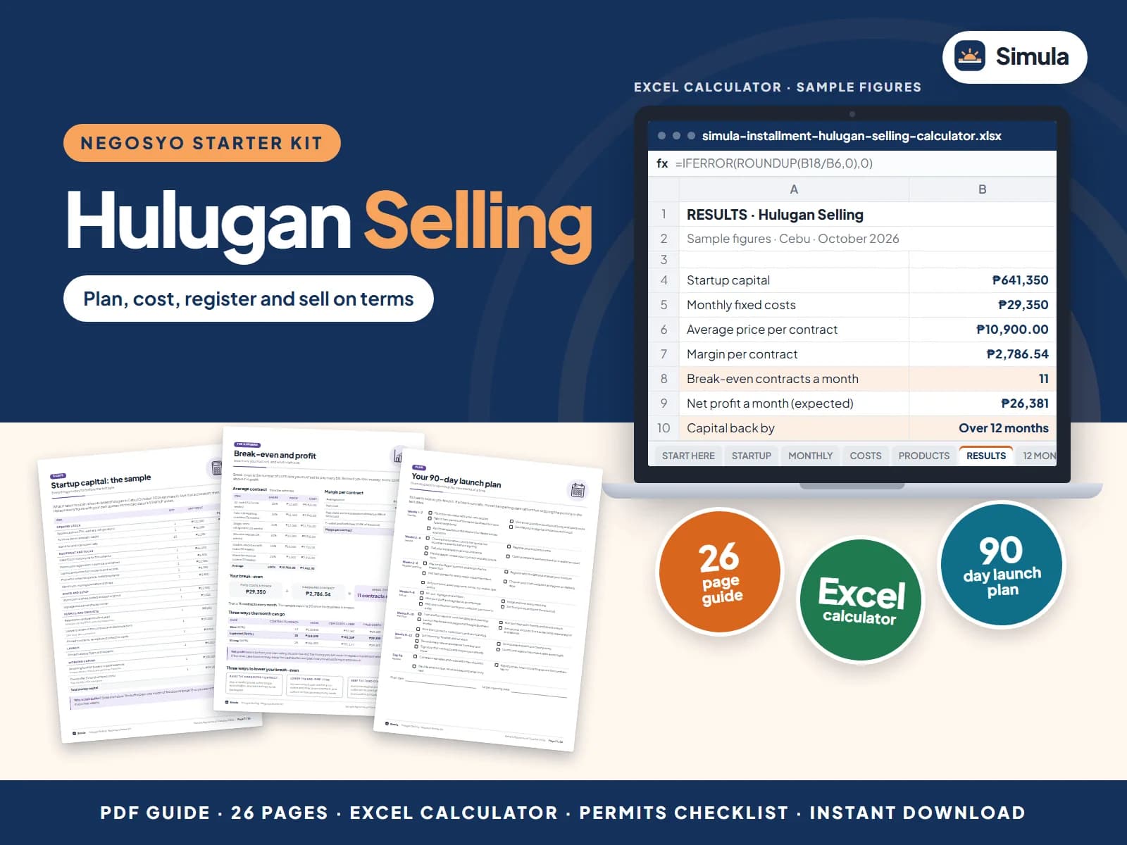 Cover of the Hulugan Selling Negosyo Starter Kit: guide pages and the calculator's results
