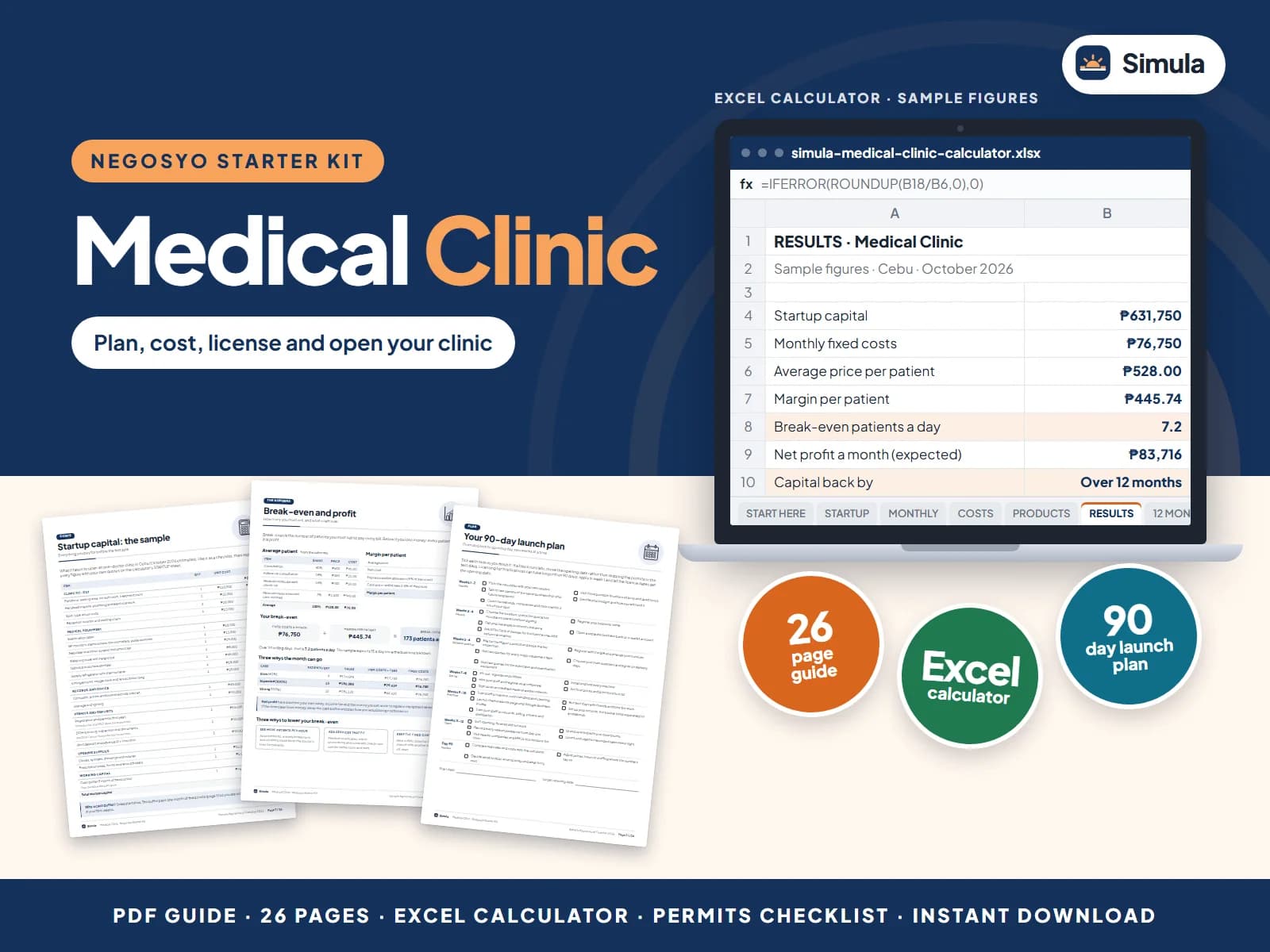 Cover of the Medical Clinic Negosyo Starter Kit: guide pages and the calculator's results