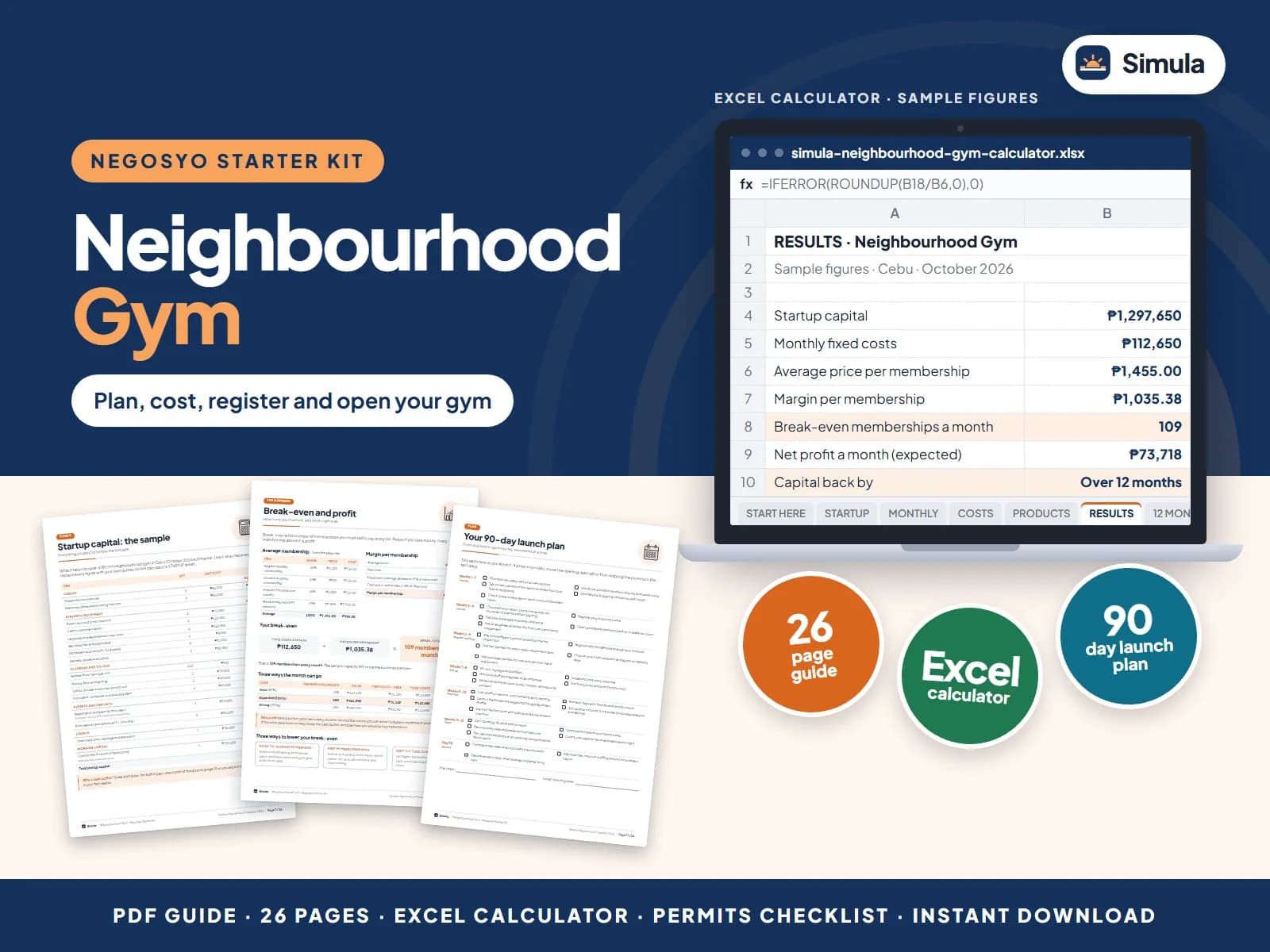 Cover of the Neighbourhood Gym Negosyo Starter Kit: guide pages and the calculator's results
