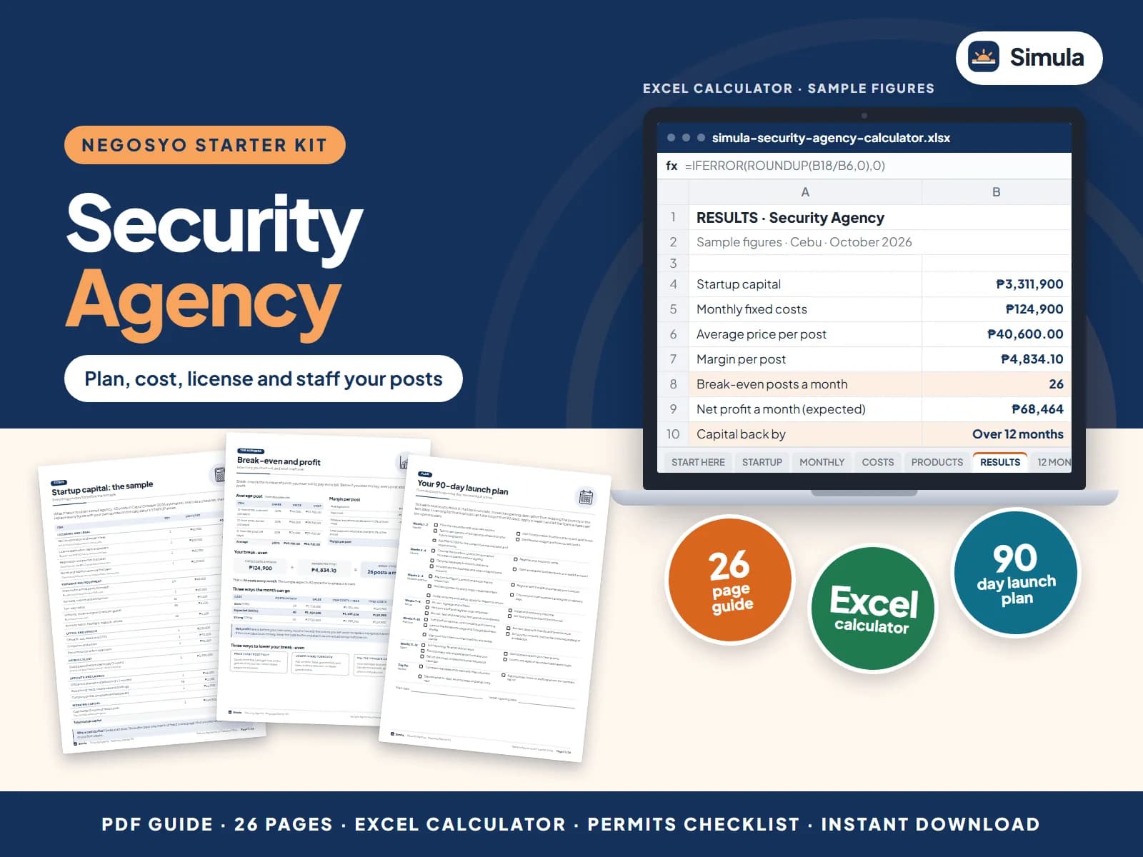 Cover of the Security Agency Negosyo Starter Kit: guide pages and the calculator's results