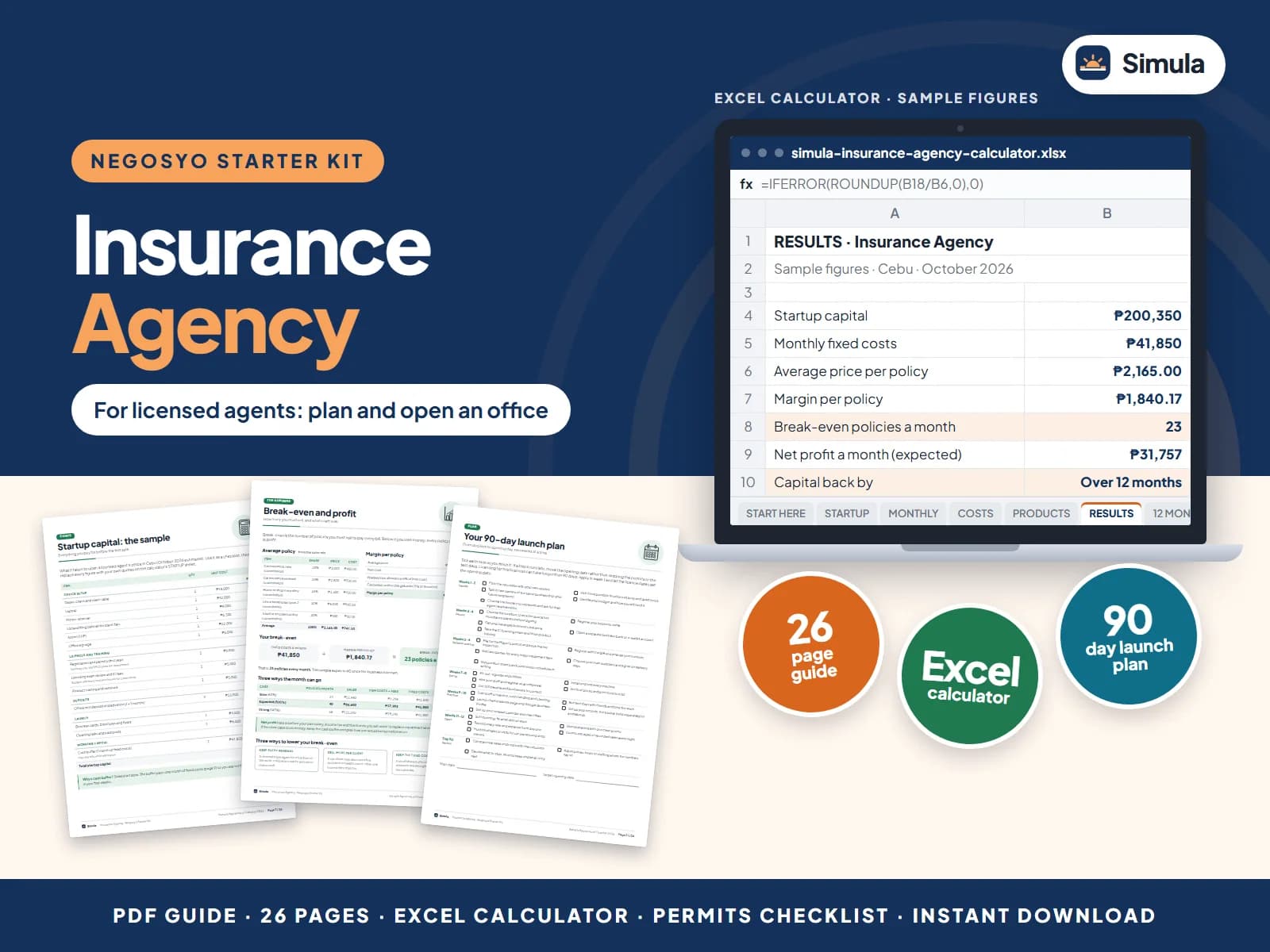 Cover of the Insurance Agency Negosyo Starter Kit: guide pages and the calculator's results