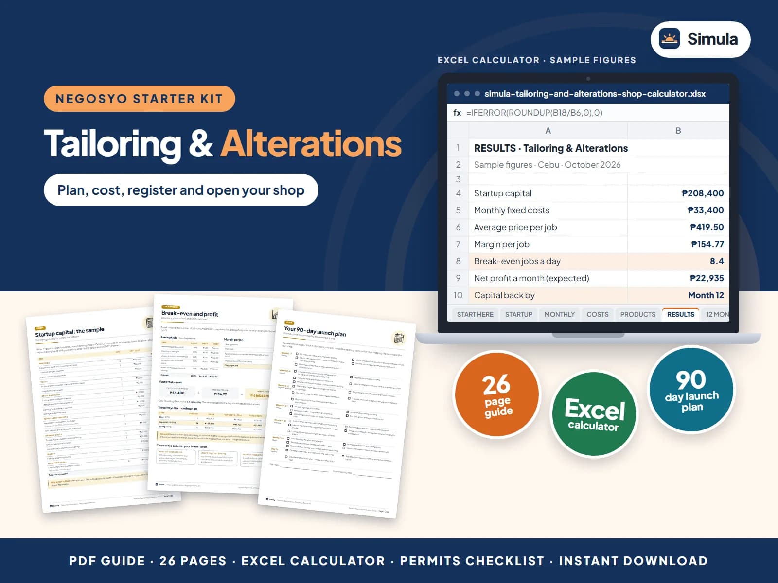 Cover of the Tailoring & Alterations Negosyo Starter Kit: guide pages and the calculator's results