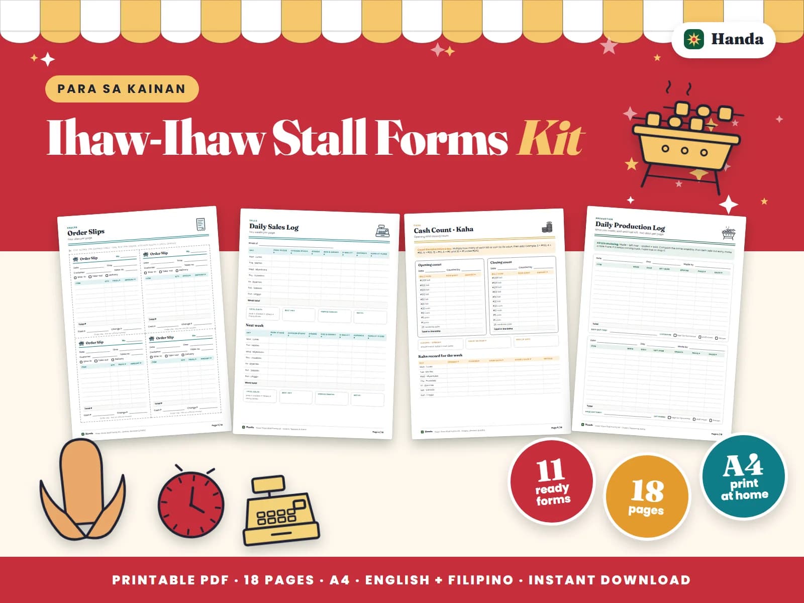 Cover of Ihaw-Ihaw Stall Forms Kit, a printable food business forms kit showing four of its pages