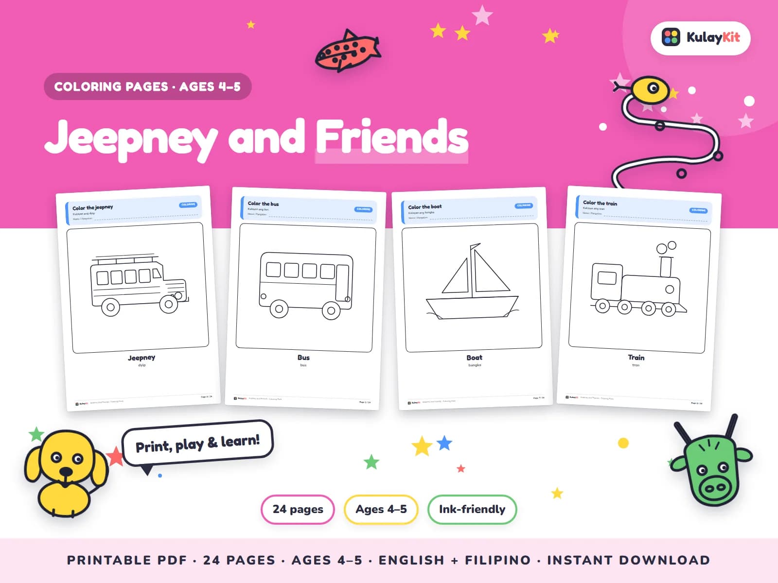 Cover of Jeepney and Friends, a printable pack for preschoolers ages 4 to 5, showing four of its pages