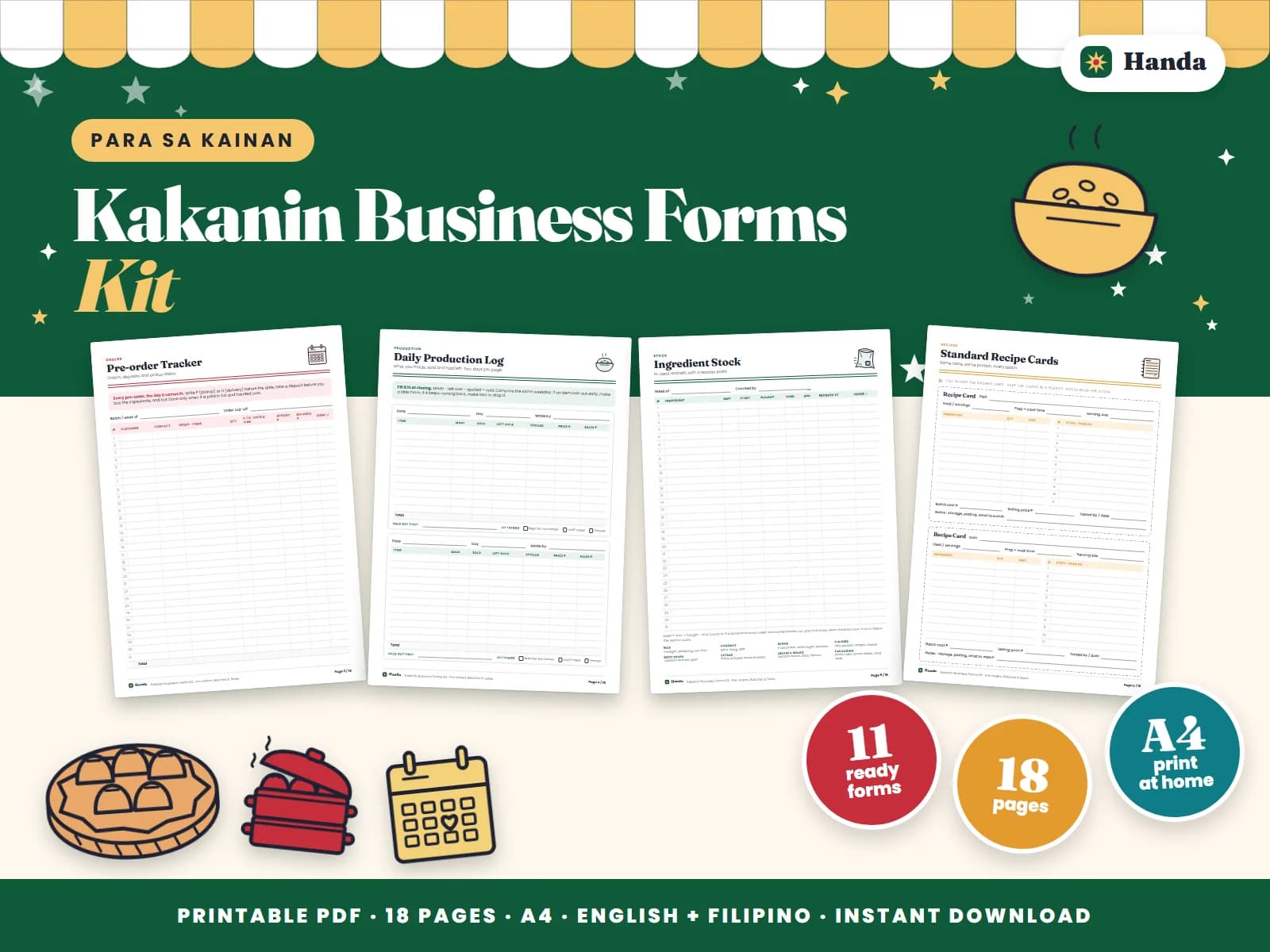 Cover of Kakanin Business Forms Kit, a printable food business forms kit showing four of its pages