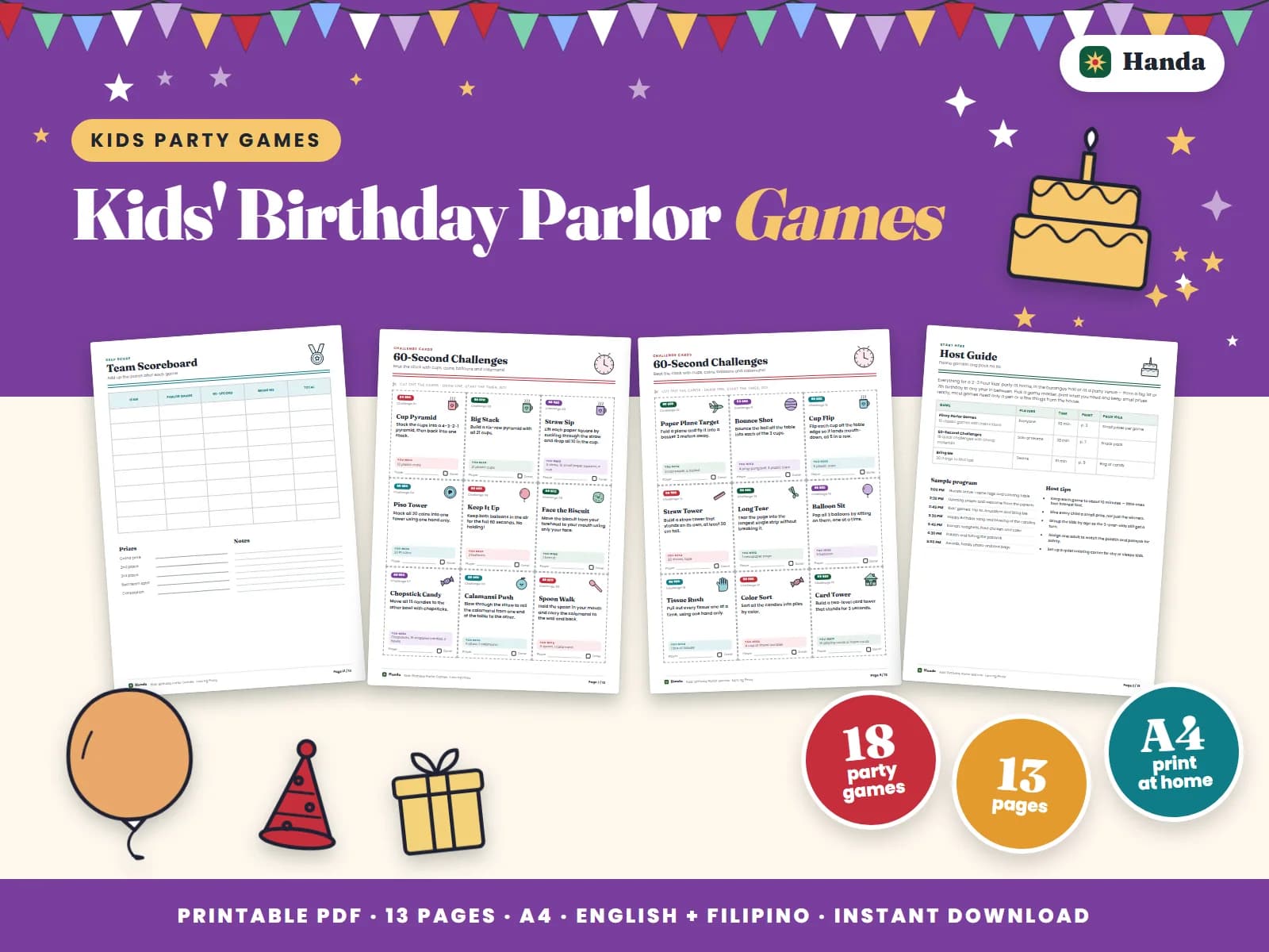Cover of Kids' Birthday Parlor Games, a printable parlor games pack showing four of its pages