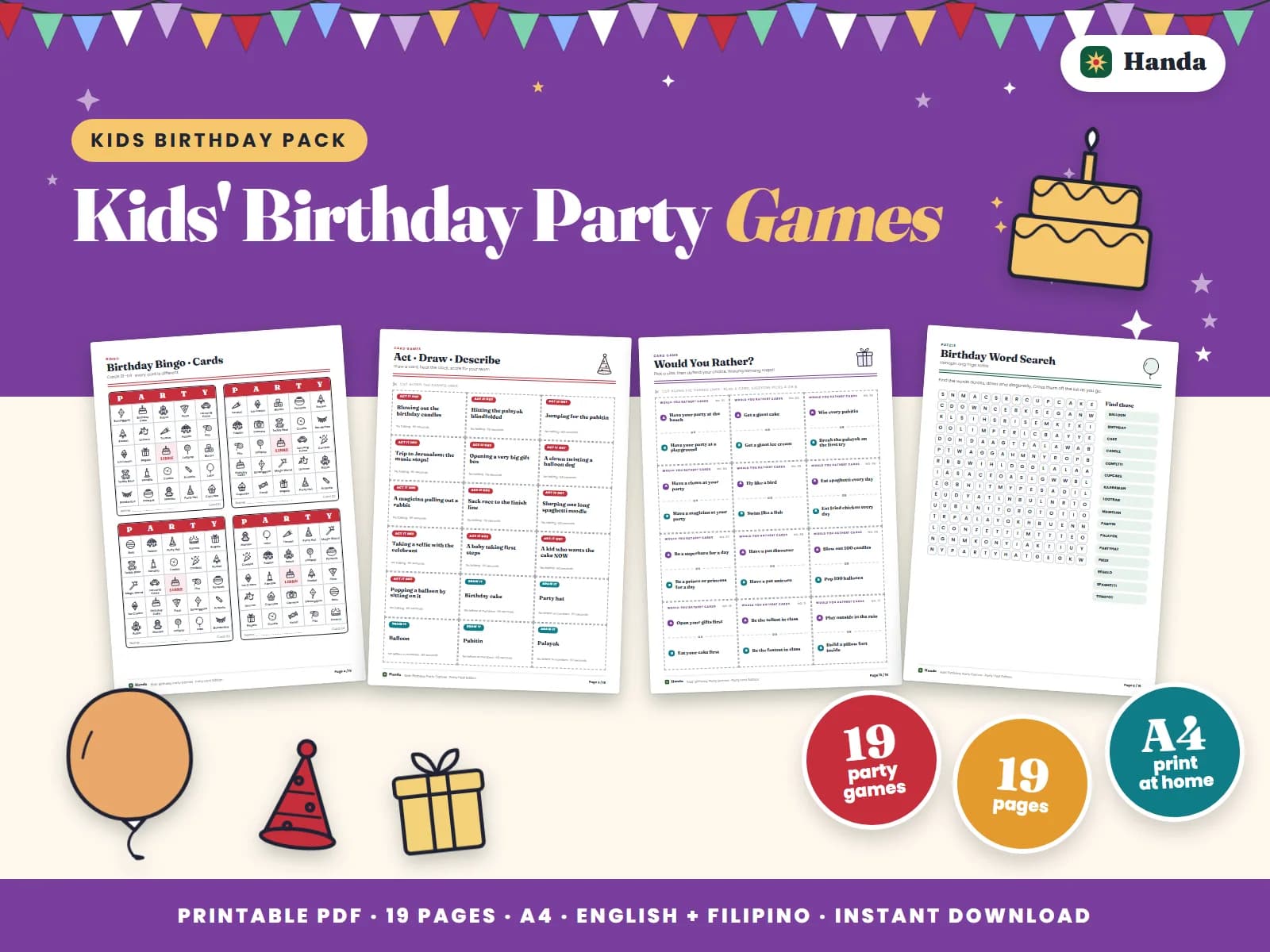 Cover of Kids' Birthday Party Games, a printable party games pack showing four of its pages