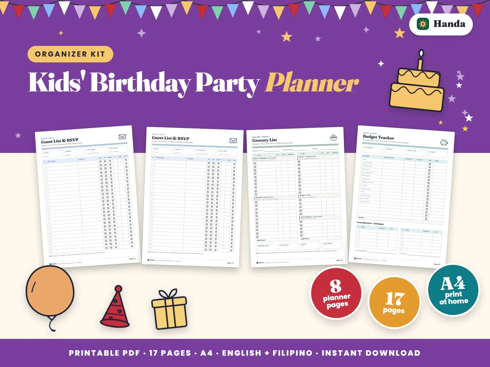 Cover of Kids' Birthday Party Planner, a printable party planner kit showing four of its pages