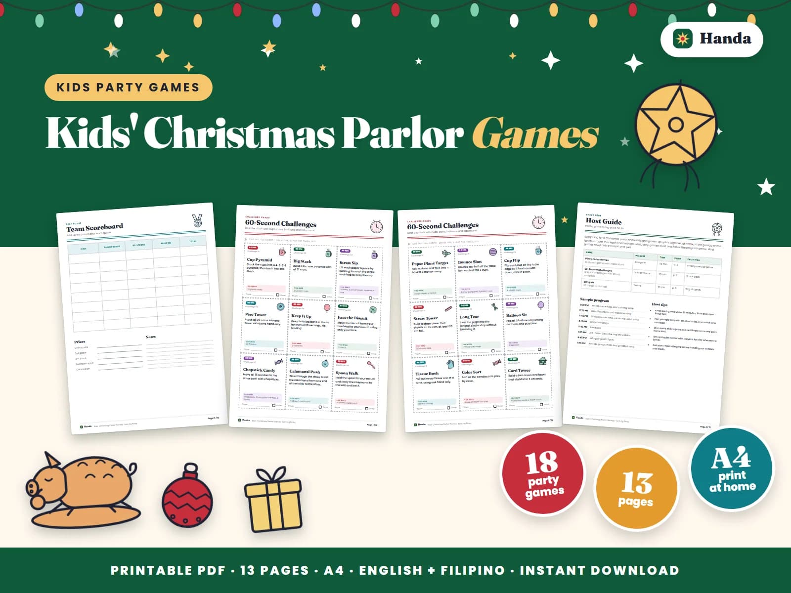 Cover of Kids' Christmas Parlor Games, a printable parlor games pack showing four of its pages