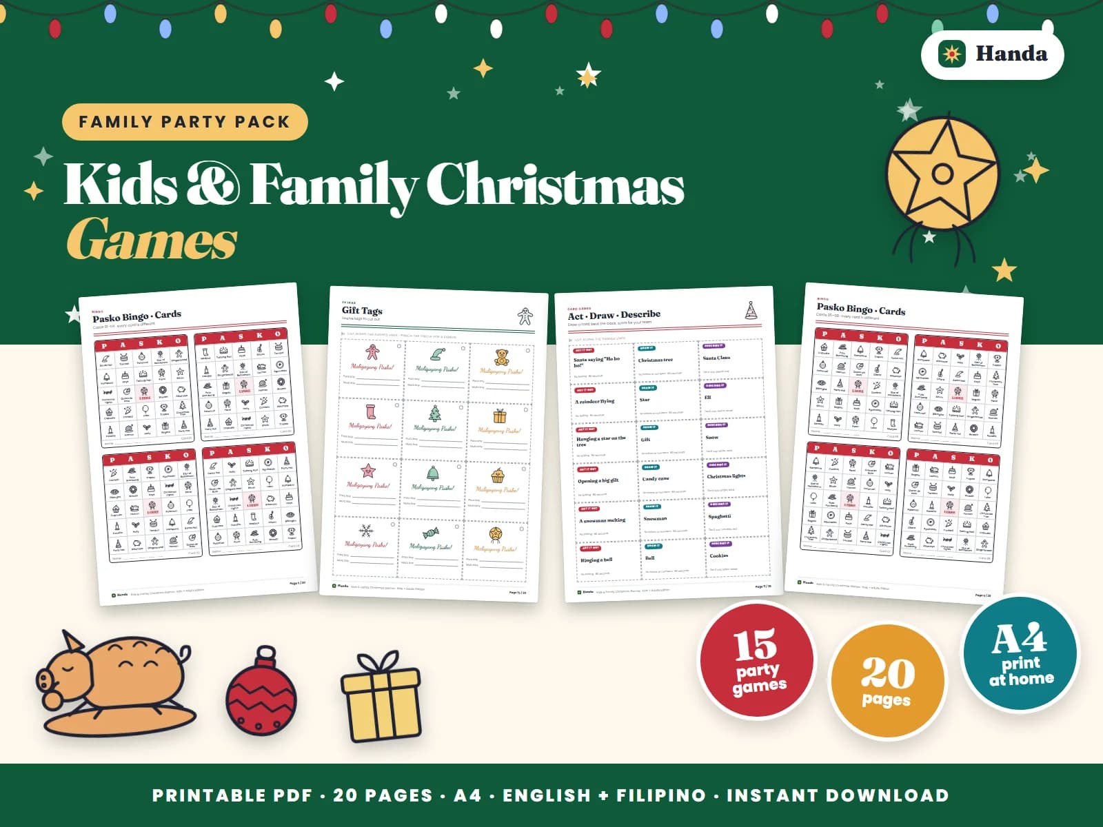 Cover of Kids & Family Christmas Games, a printable party games pack showing four of its pages