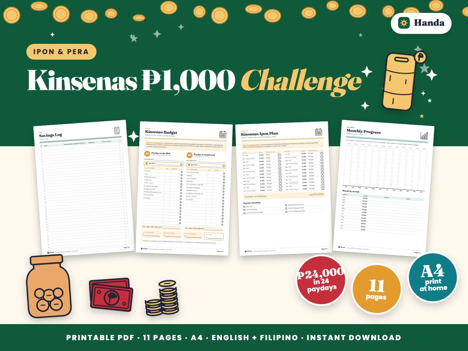 Cover of Kinsenas ₱1,000 Challenge, a printable ipon challenge kit showing four of its pages