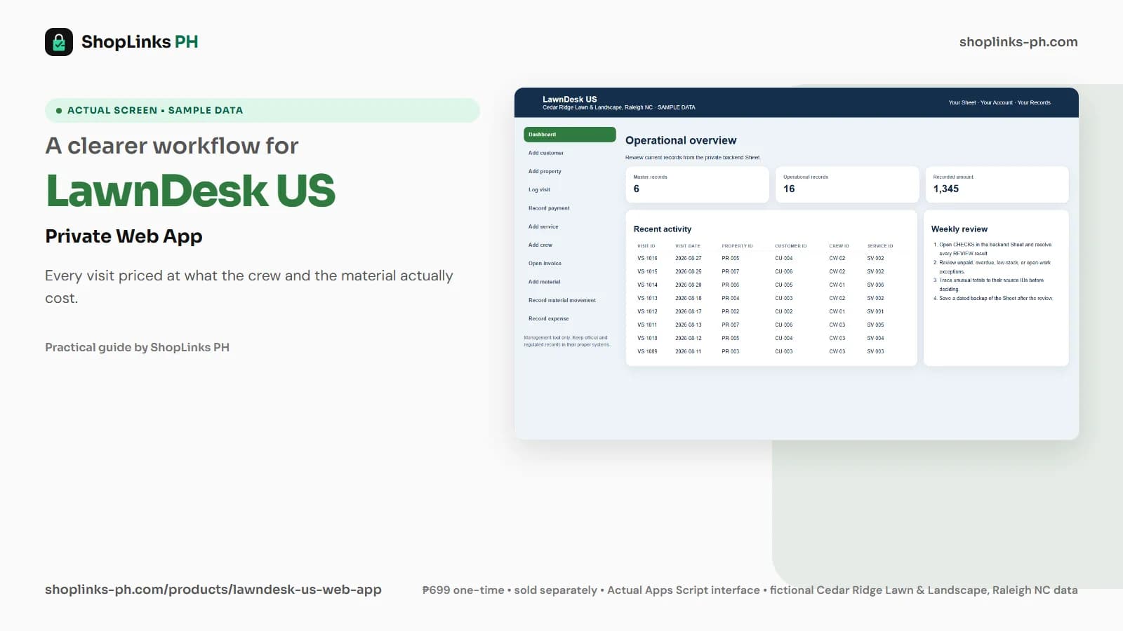 LawnDesk US Private Google Sheets Web App dashboard using fictional sample data