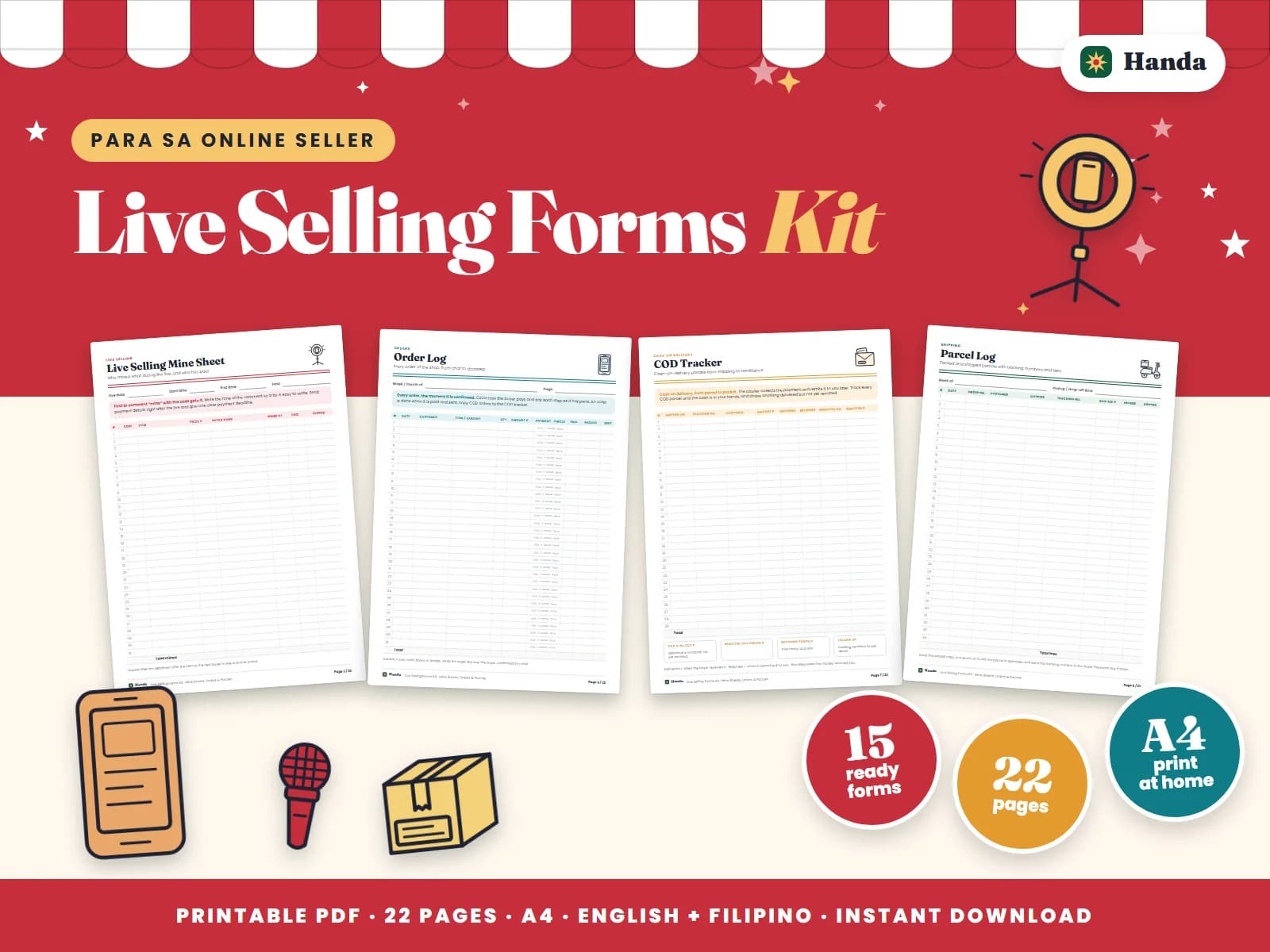 Cover of Live Selling Forms Kit, a printable online seller forms kit showing four of its pages