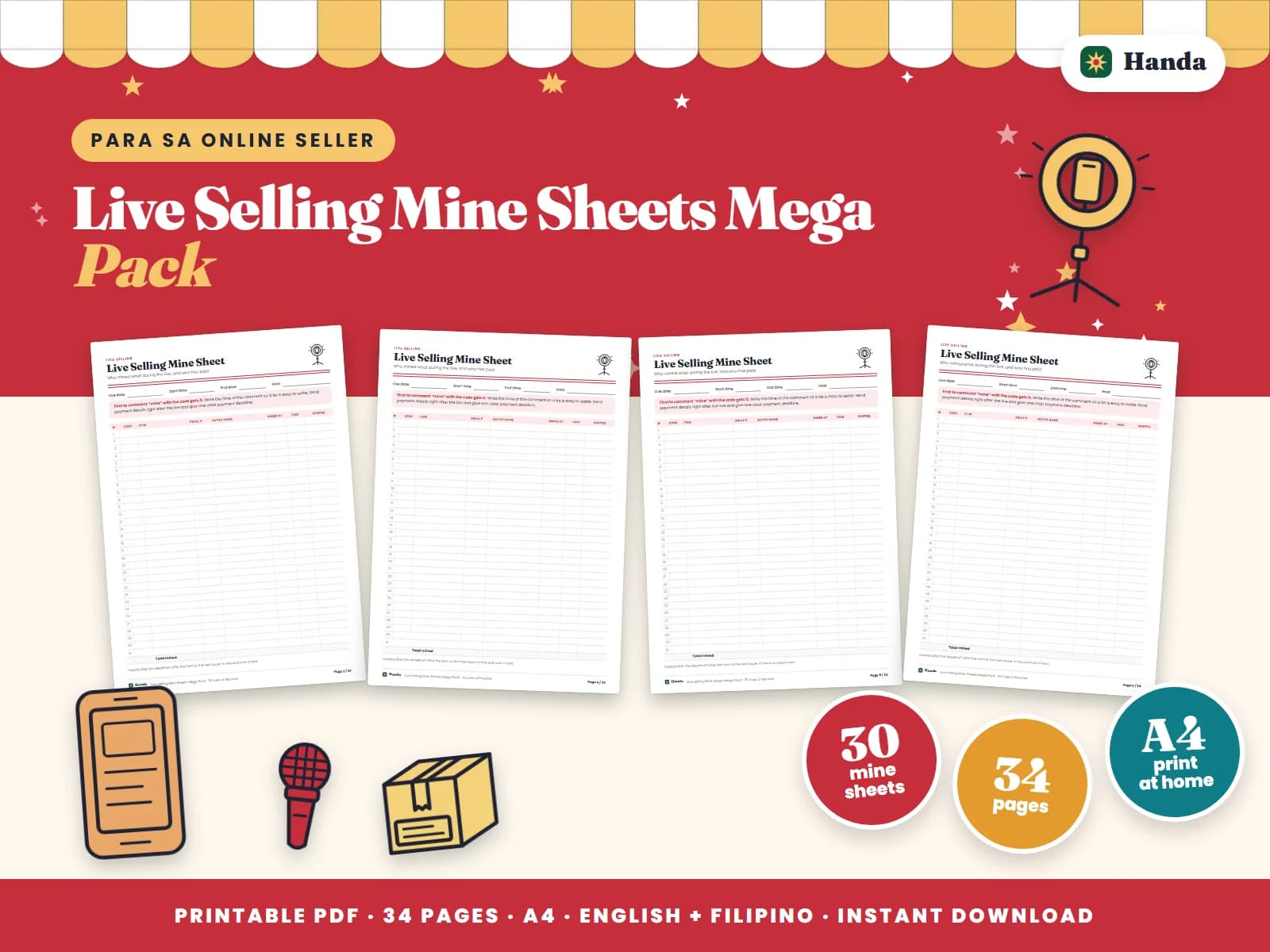 Cover of Live Selling Mine Sheets Mega Pack, a printable forms pack showing four of its pages