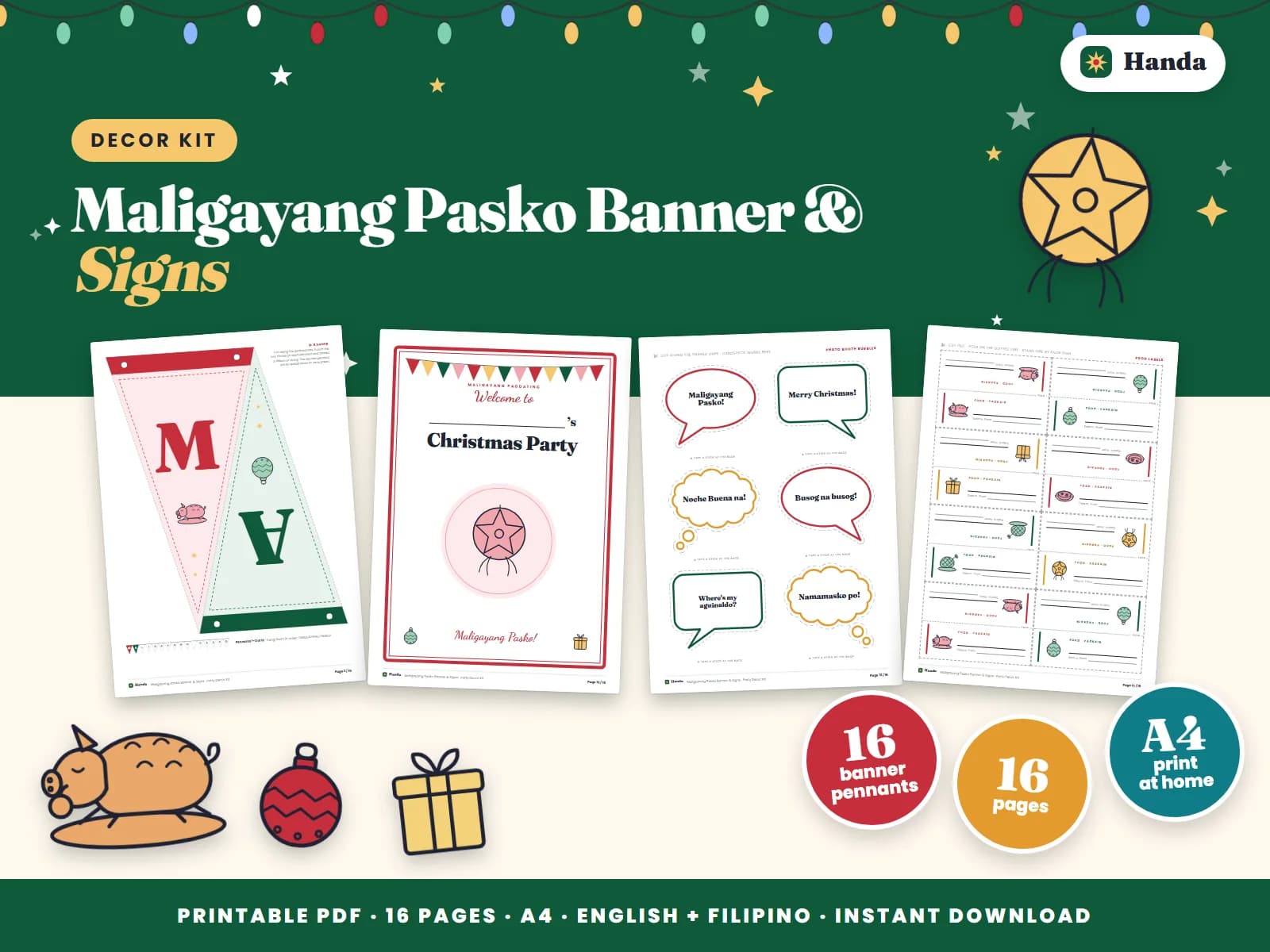 Cover of Maligayang Pasko Banner & Signs, a printable decor kit showing four of its pages