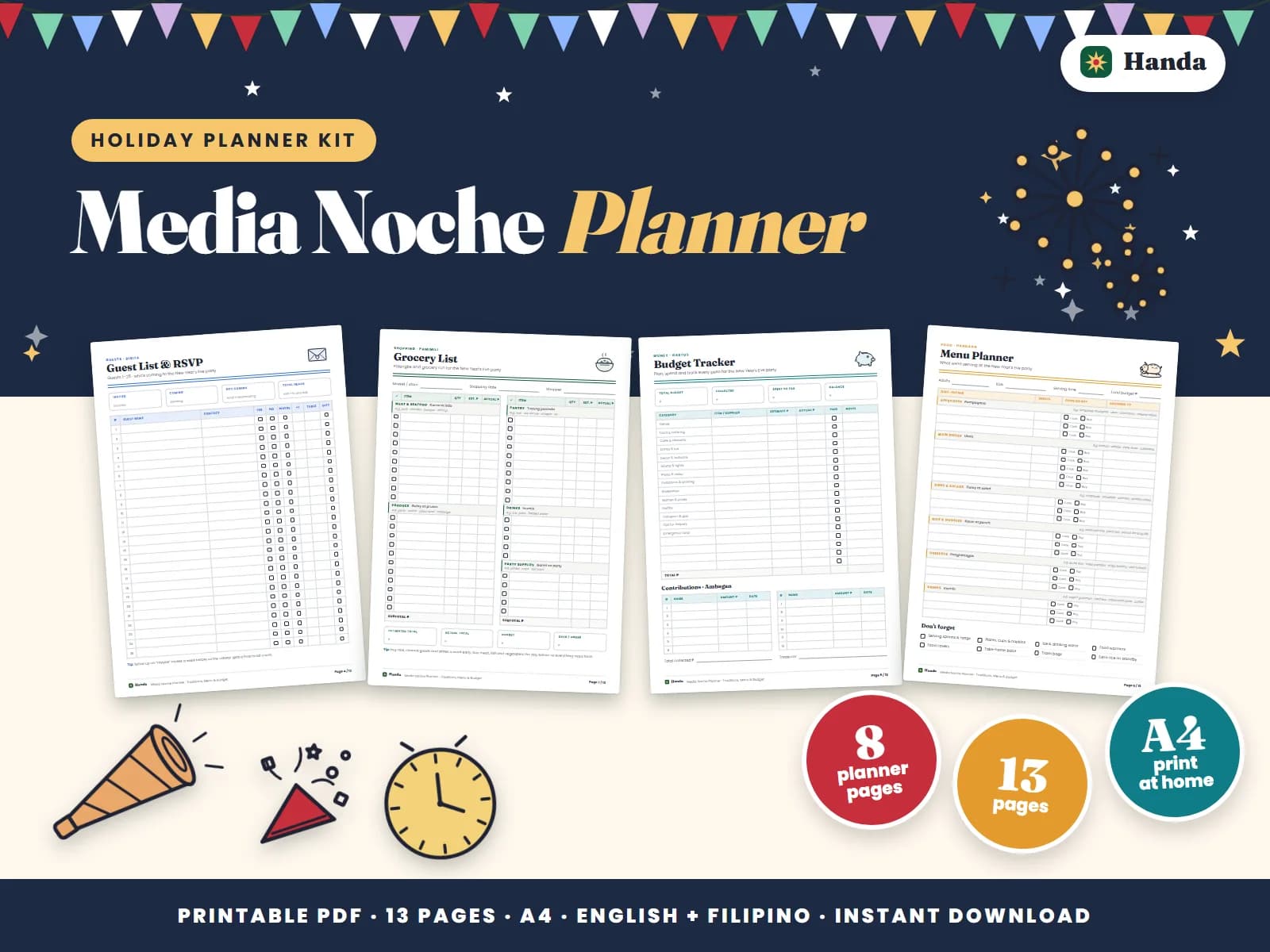 Cover of Media Noche Planner, a printable New Year's Eve planner showing four of its pages