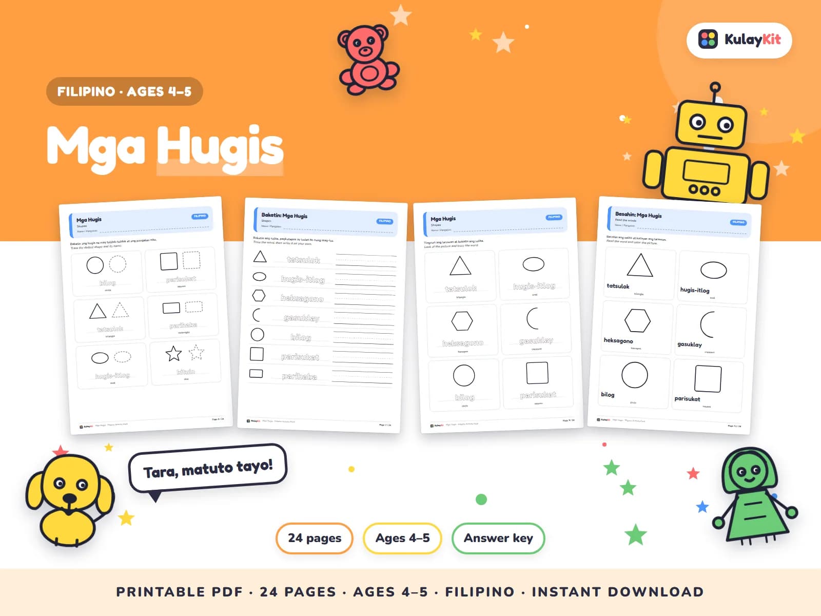 Cover of Mga Hugis, a printable pack for preschoolers ages 4 to 5, showing four of its pages