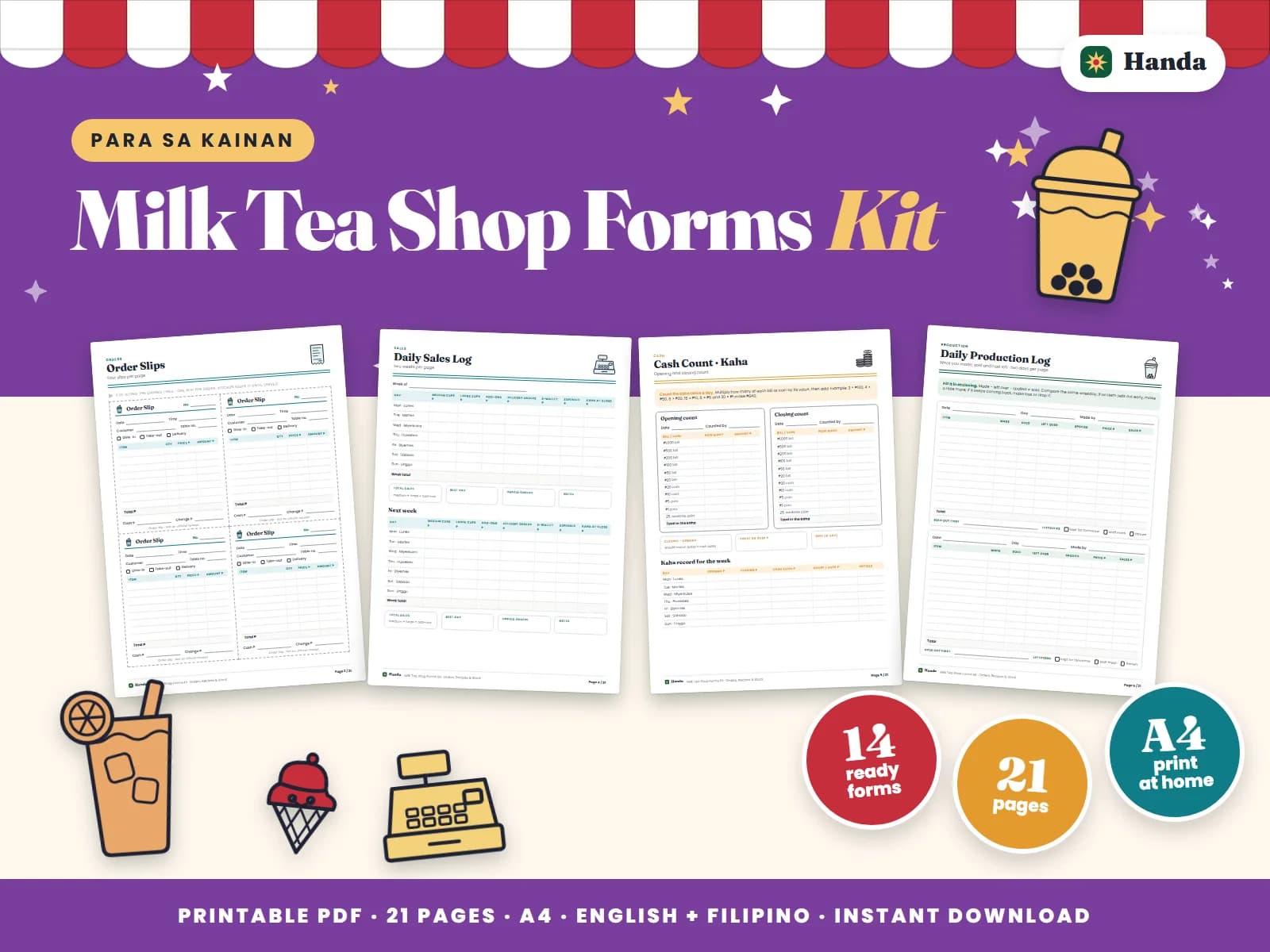 Cover of Milk Tea Shop Forms Kit, a printable food business forms kit showing four of its pages